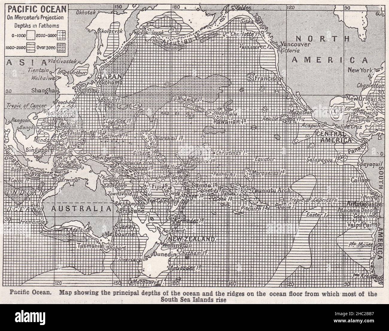 Carte d'époque de l'océan Pacifique montrant les principales profondeurs de l'océan et les crêtes sur le fond de l'océan dont la plupart des îles de la mer du Sud s'élèvent en 1930s. Banque D'Images