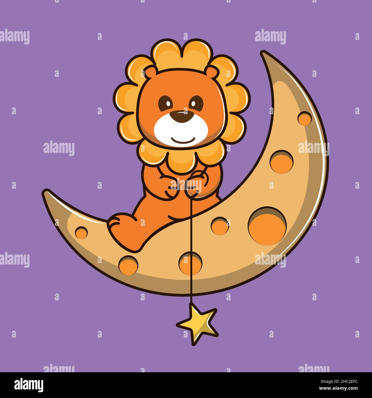 Joli lion de bébé de dessin animé, assis sur la lune. Illustration de Vecteur