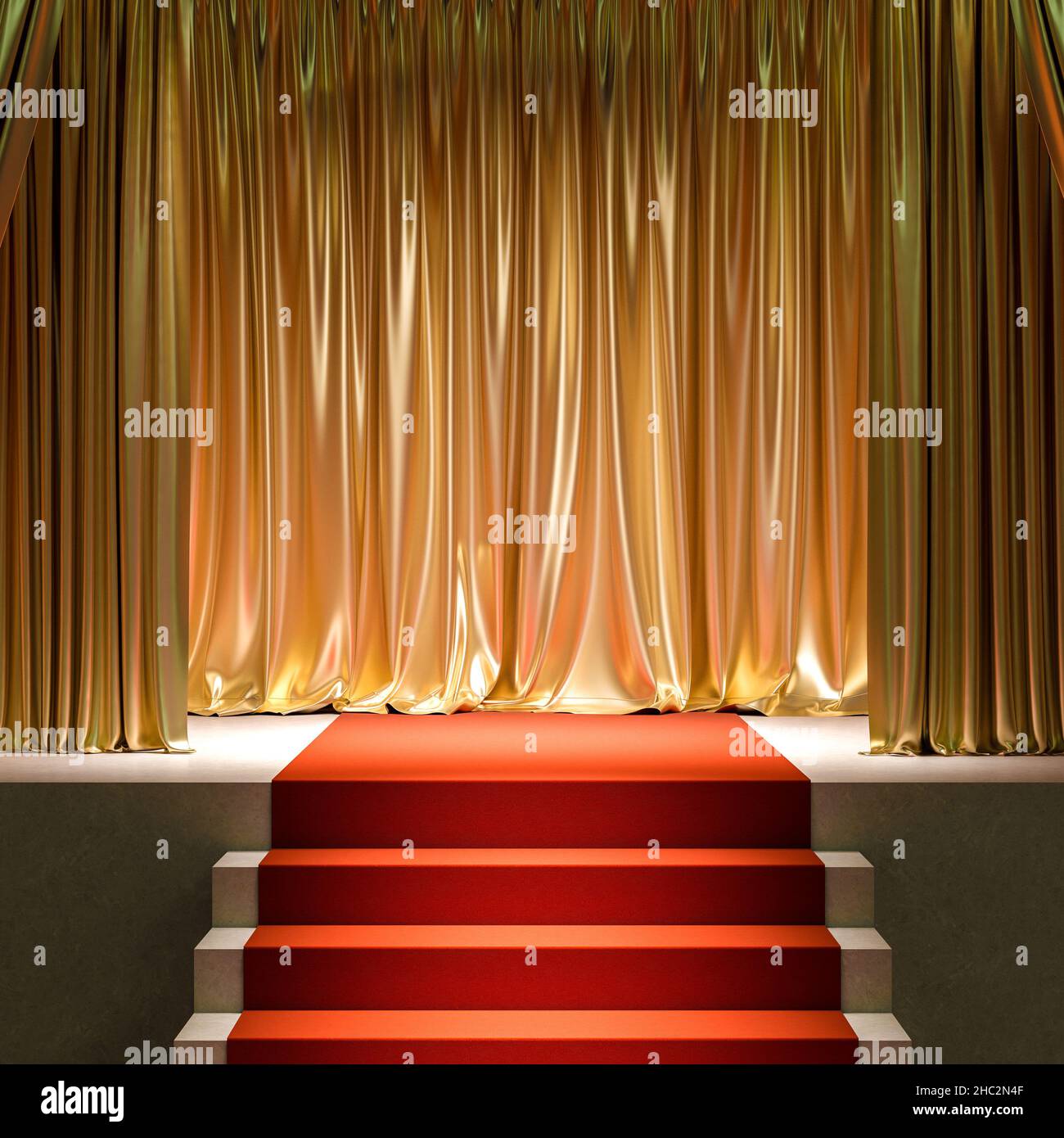 escalier avec moquette rouge et rideaux dorés.3d rendre. concept de succès. Banque D'Images