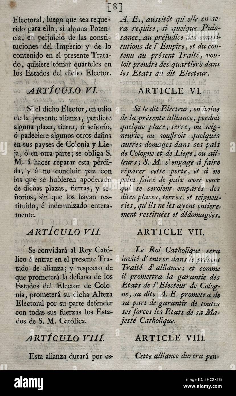 Traité de Bruxelles.Acte d'adhésion au traité d'alliance entre le roi Philippe V d'Espagne et Louis XIV de France avec l'électeur de l'archevêché de Cologne, José Clemente de Bavière, à Bruxelles, le 13 février 1701, ratifié au Palais Buen Retiro le 7 avril de cette année.Cologne a promis son aide diplomatique et militaire à la coalition franco-espagnole à la veille de la guerre imminente de succession d'Espagne (1701-1713).Articles VI et VIIRecueil des traités de paix, d'alliance, de commerce ajusté par la Couronne d'Espagne avec les puissances étrangères (Colección de los Tratados de Paz Banque D'Images