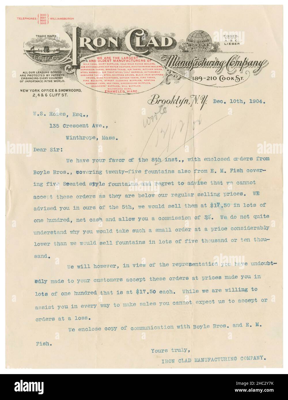 Lettre antique de 1904 sur papier à en-tête de Iron Clad Manufacturing Company, concernant le prix d'une petite commande de fontaines.Nellie Bly, journaliste américaine, était à la tête de la société après 1900.SOURCE : PAPIER À EN-TÊTE ORIGINAL Banque D'Images