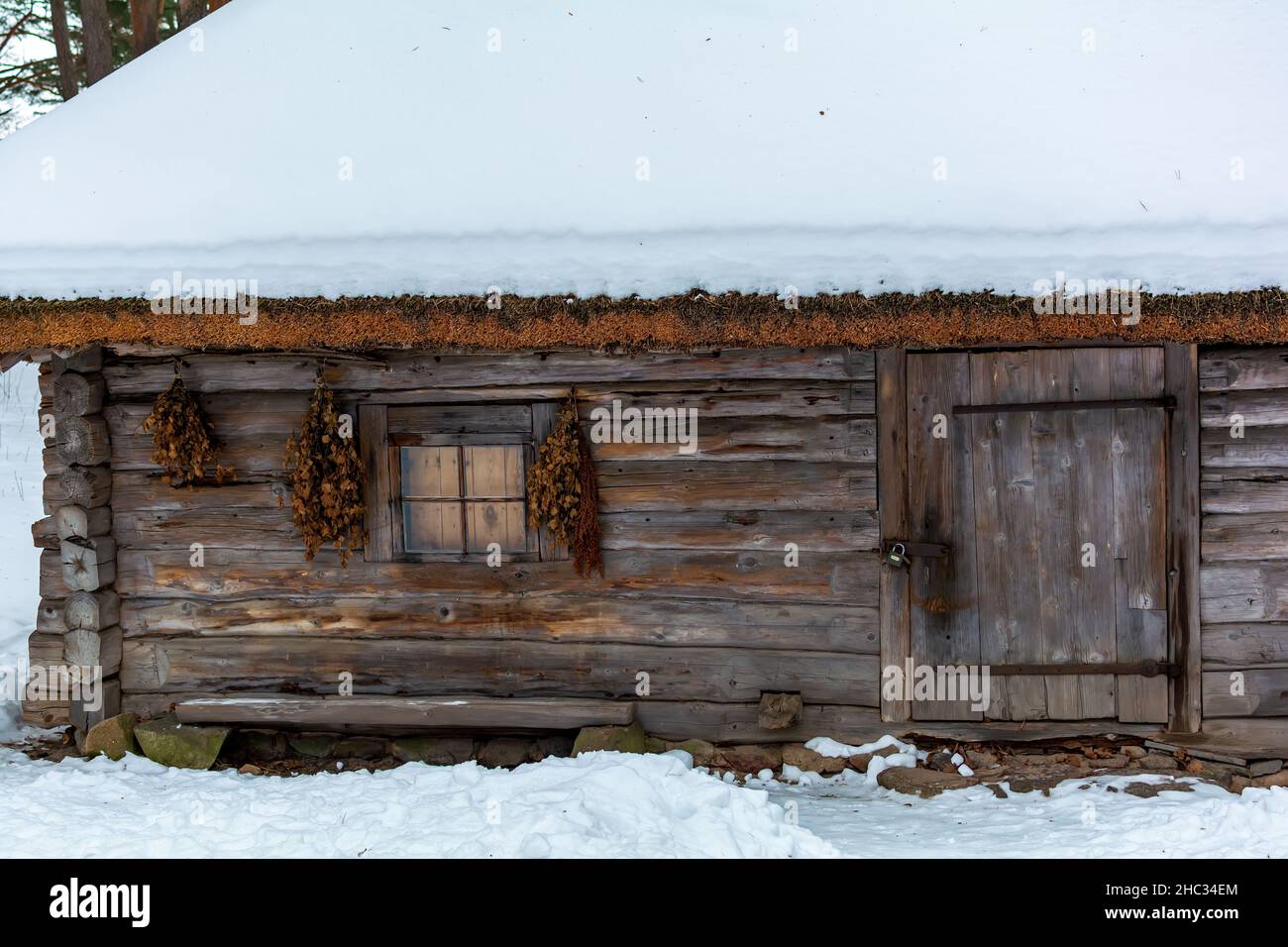 Bains besoms accrochés sur le mur de la maison de bains de Vidzeme avec maison de logement sous la neige Banque D'Images