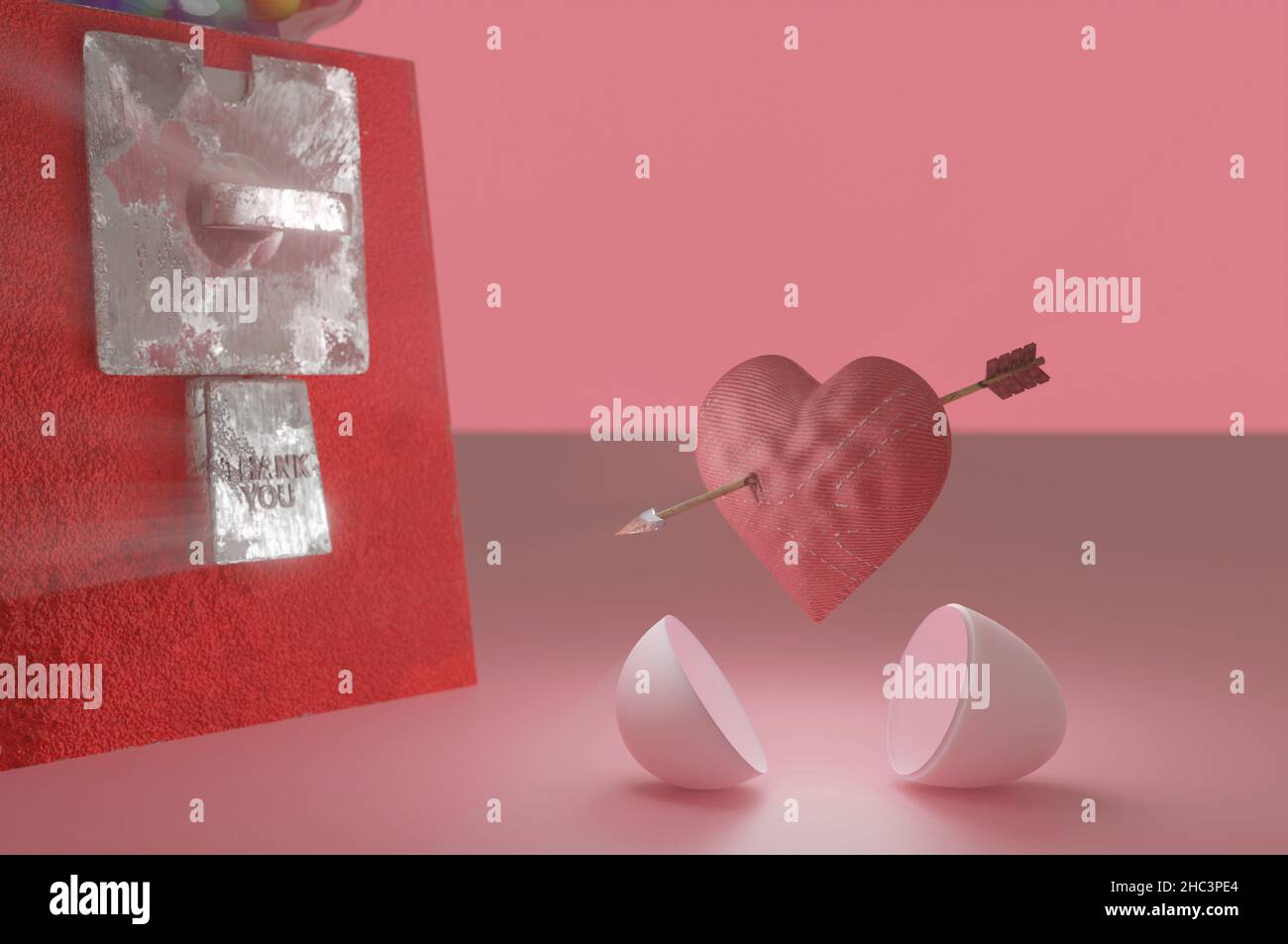 3d illustration.Ouvrez Gumball capsult à l'intérieur Cupid coeur flèche . idée concept fait par coeur rouge Banque D'Images