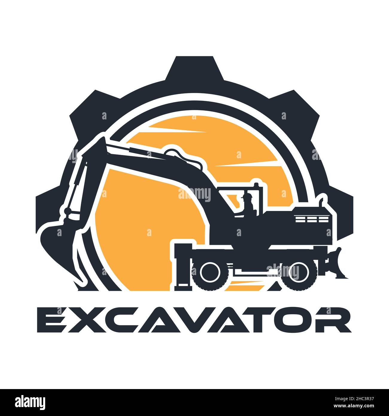 Logo avec engrenage et conducteur conduisant une pelle hydraulique sur pneus pour machines lourdes. Illustration de Vecteur