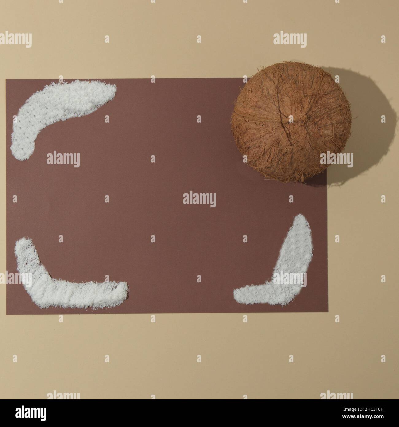 Vue de dessus de la farine de noix de coco et de noix de coco avec un espace de copie brun foncé sur un fond beige Banque D'Images