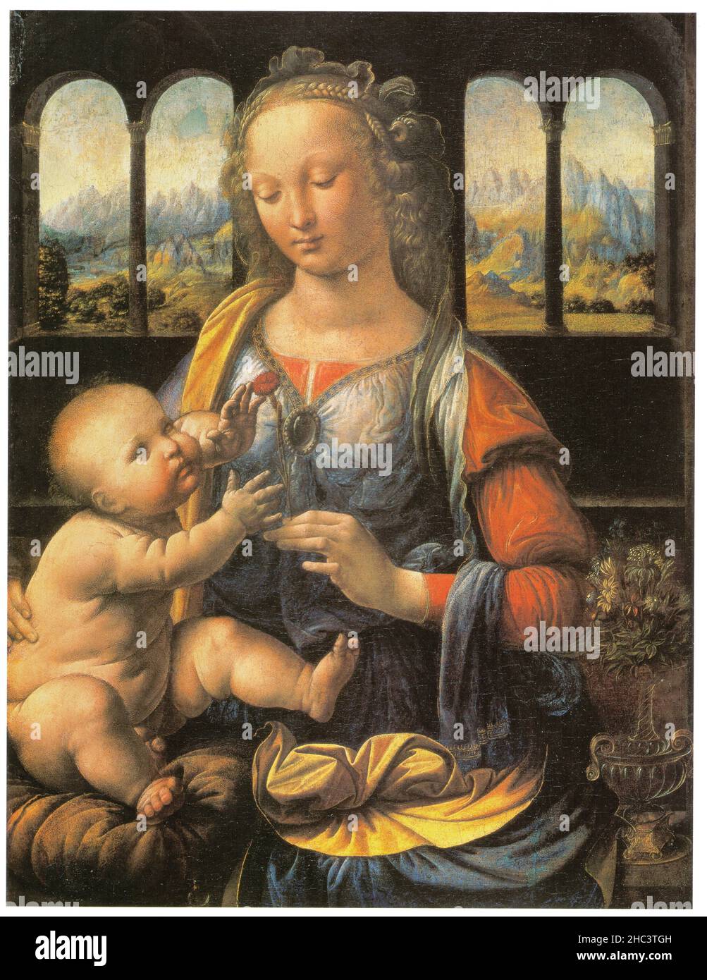 LÉONARD DE VINCI. MADONNA AVEC L'OEILLET. 1475. HUILE SUR BOIS. 62 X 47,5 CM Banque D'Images