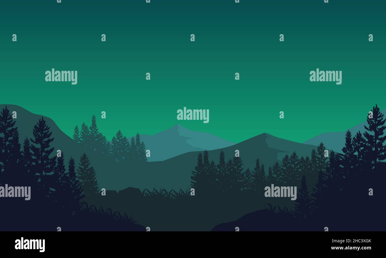 Panorama fantastique de la montagne avec silhouette d'arbre du village la nuit.Illustration vectorielle d'une ville Illustration de Vecteur