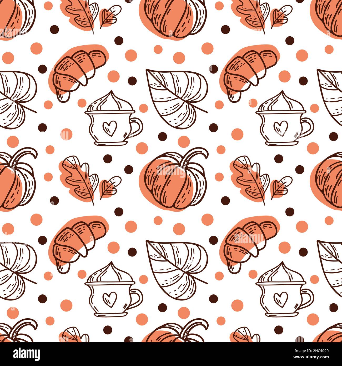 Motif sans couture composé de croissants, de citrouilles et de feuilles de chêne d'automne aux couleurs orange, beige, marron et jaune. Illustration de Vecteur