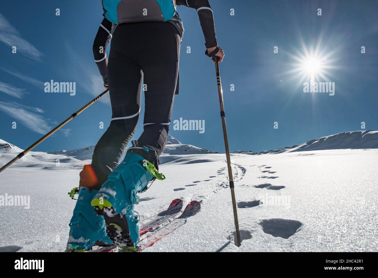 Le ski alpiniste monte sur une pente enneigée avec des peaux de phoques Banque D'Images
