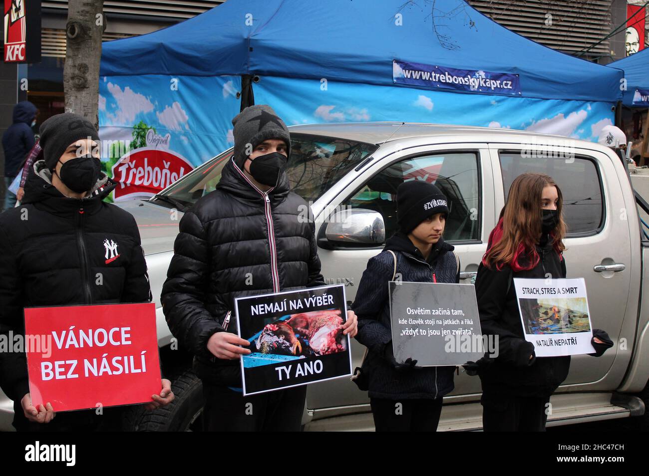 La manifestation de l'allée silencieuse pour Carp a été organisée par l'association Zvirata nejime (We Don't Eat Animals) le 23 décembre 2021, à Prague, en République tchèque Banque D'Images