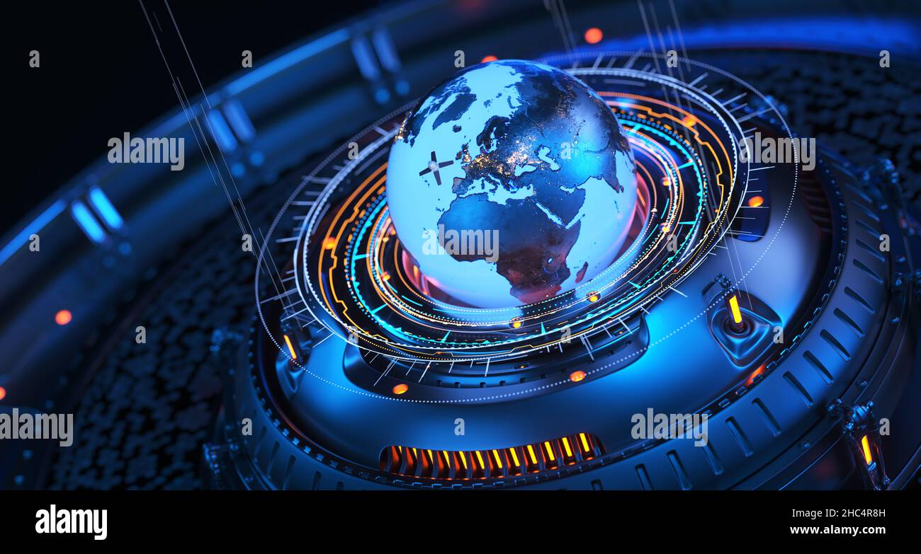 Illustration de sattelite en orbite autour du globe.3D Banque D'Images