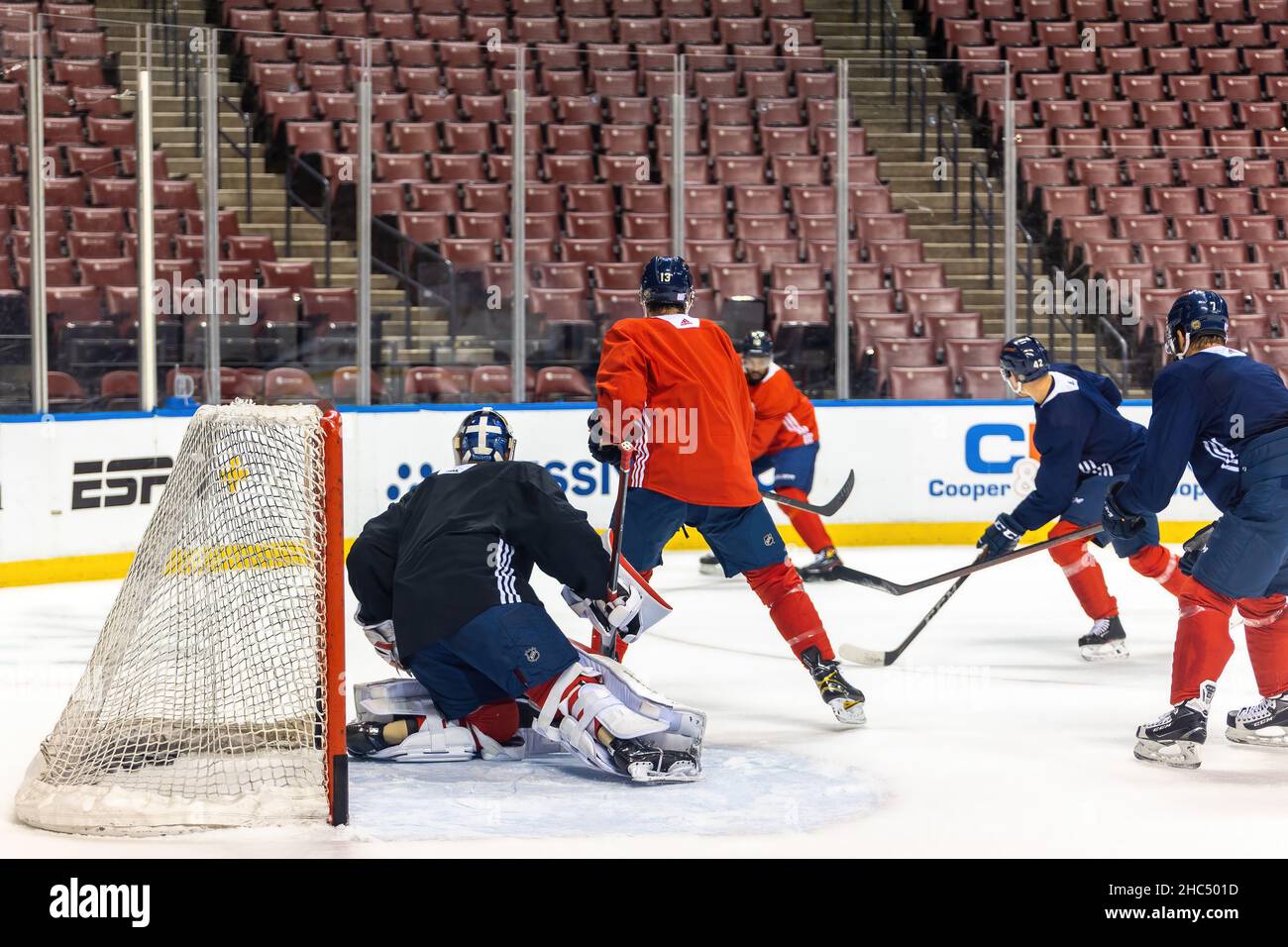 72 Sergei Bobrovsky, 13 Sam Reinhart, 42 Gustav Forsling, 7 Radko Gudas pendant la Floride Panthers Training Day avant le match FL Panthers et NJ Devils Banque D'Images