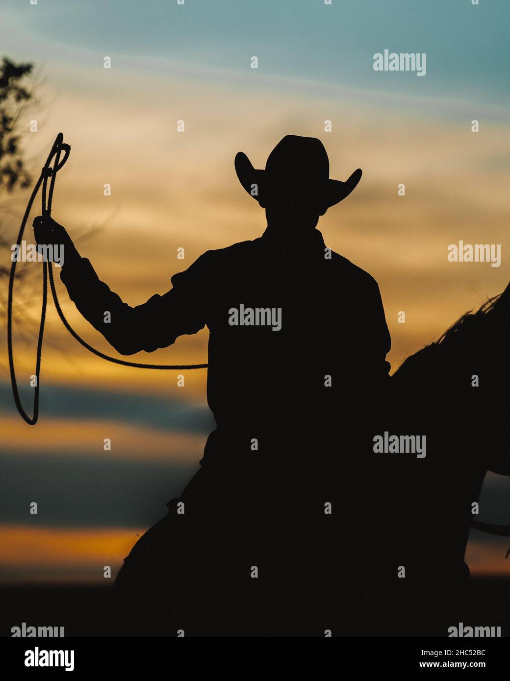 Silhouette d'un homme dans un chapeau de cow-boy à cheval au coucher du soleil Banque D'Images