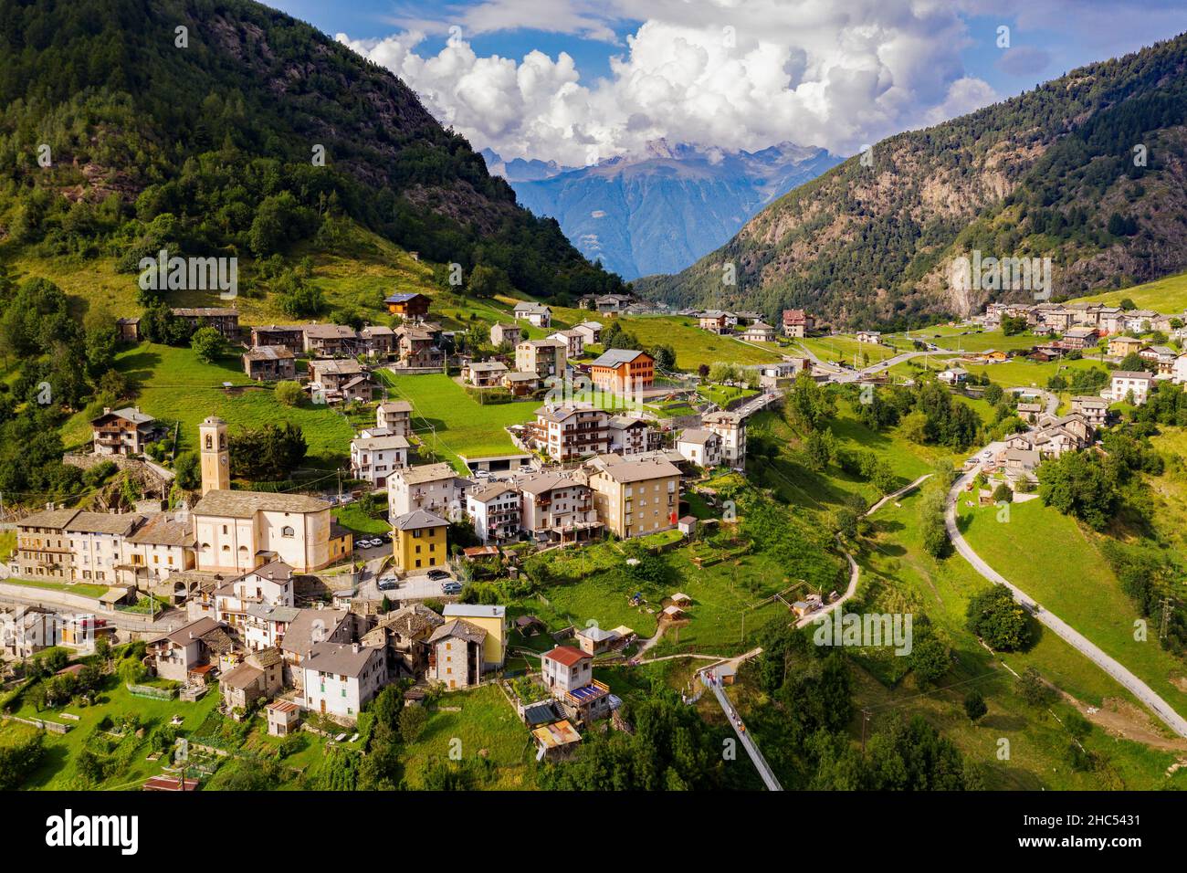 Valtartano, Valtellina (IT), vue aérienne de Campo Tartano Banque D'Images