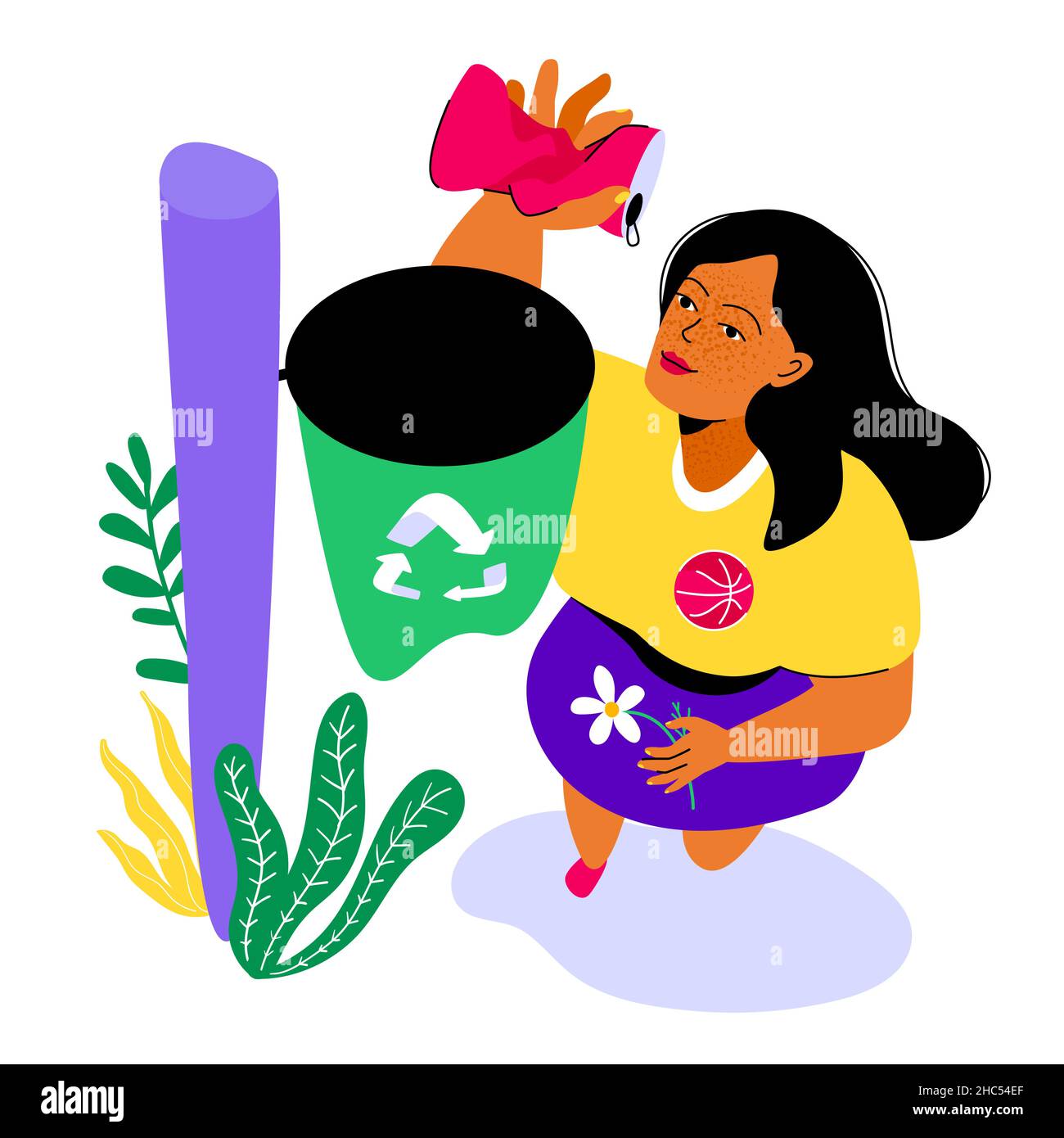 Élimination des déchets - illustration de style plat coloré.Belle fille bronzée jette la boîte de métal dans un conteneur spécial de déchets pour le recyclage.Protecteur Illustration de Vecteur Élimination des déchets - illustration de style plat coloré.Belle fille bronzée jette la boîte de métal dans un conteneur spécial de déchets pour le recyclage.Protecteur Illustration de Vecteur