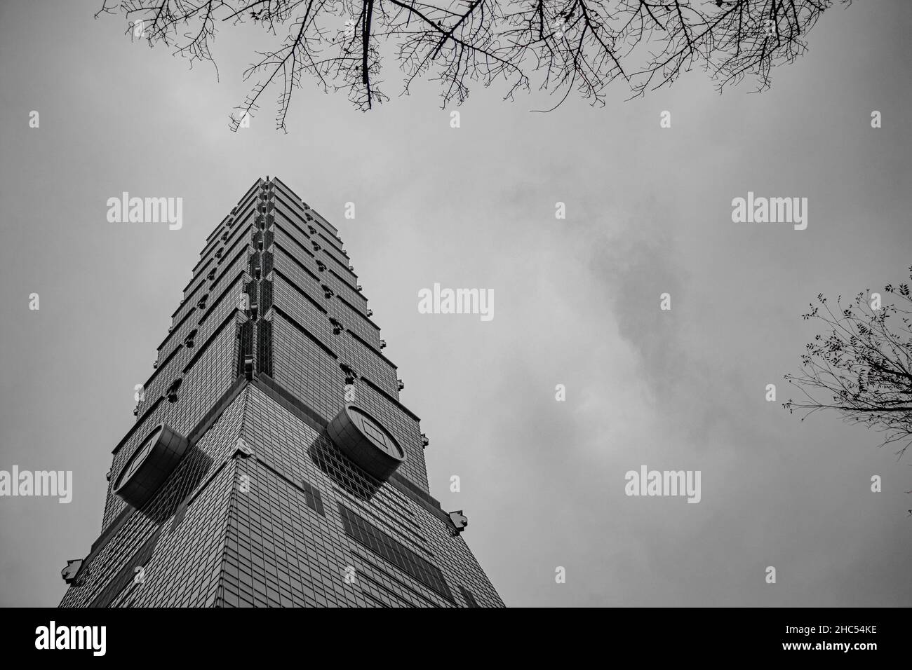 Photo en bas angle de l'Observatoire de Taipei 101 en niveaux de gris Banque D'Images
