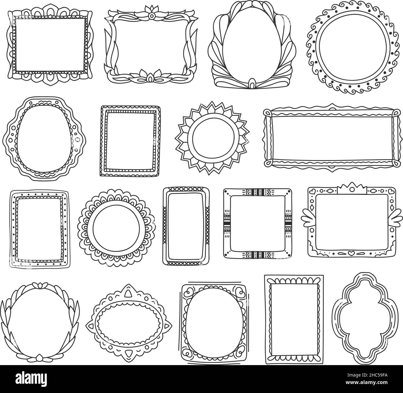 Cadres photo Doodle, joli cadre de peinture dessiné à la main.Scrapbook tag gribouillis, croquis image encadrement des bordures avec éléments décoratifs ensemble de vecteur.Miroir rond, rectangulaire ou ovale Illustration de Vecteur