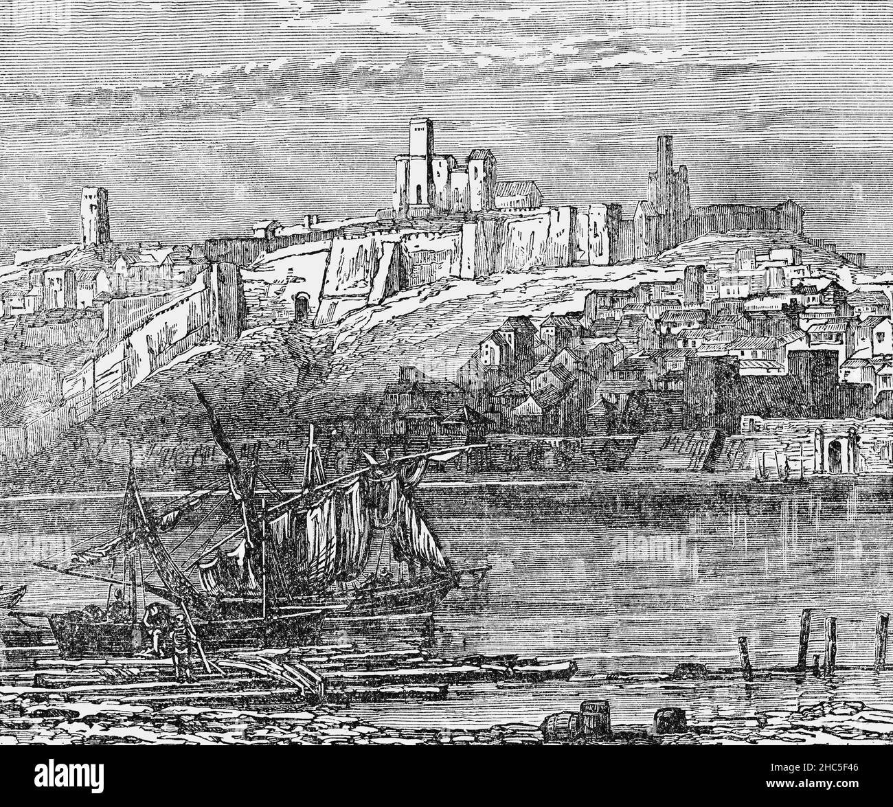 Illustration de la fin du siècle 19th de Badajoz, capitale de la province de Badajoz dans la communauté autonome d'Estrémadure, Espagne.Badajoz sur le fleuve Guadiana a été conquis par les Maures au 8th siècle, et est devenu un royaume mauresque, le Taifa de Badajoz.Après la reconquista, la région a été disputée entre l'Espagne et le Portugal pendant plusieurs siècles, avec un contrôle alterné qui a donné lieu à plusieurs guerres, dont la guerre de succession espagnole (1705), la guerre péninsulaire (1808-1811), le Storming de Badajoz (1812) et la guerre civile espagnole (1936).L'histoire espagnole se reflète en grande partie dans la ville. Banque D'Images