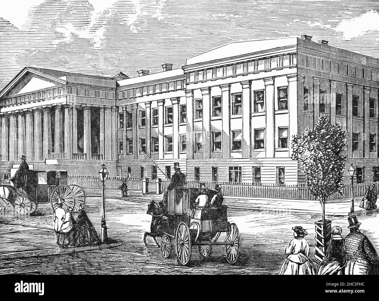 Illustration de la fin du siècle 19th de l'ancien bâtiment historique de l'Office des brevets à Washington, D.C., aux États-Unis.Conçue dans le style grec de renouveau par l'architecte Robert Mills, la construction a commencé en 1836 et s'est achevée en 1867.Le droit des brevets des États-Unis oblige les inventeurs à soumettre des modèles d’échelle de leurs inventions, qui ont été conservés par l’Office des brevets.Autrefois abritant de nombreux premiers ministères, la structure abrite aujourd'hui deux musées de la Smithsonian institution, le Smithsonian American Art Museum et le National Portrait Gallery. Banque D'Images