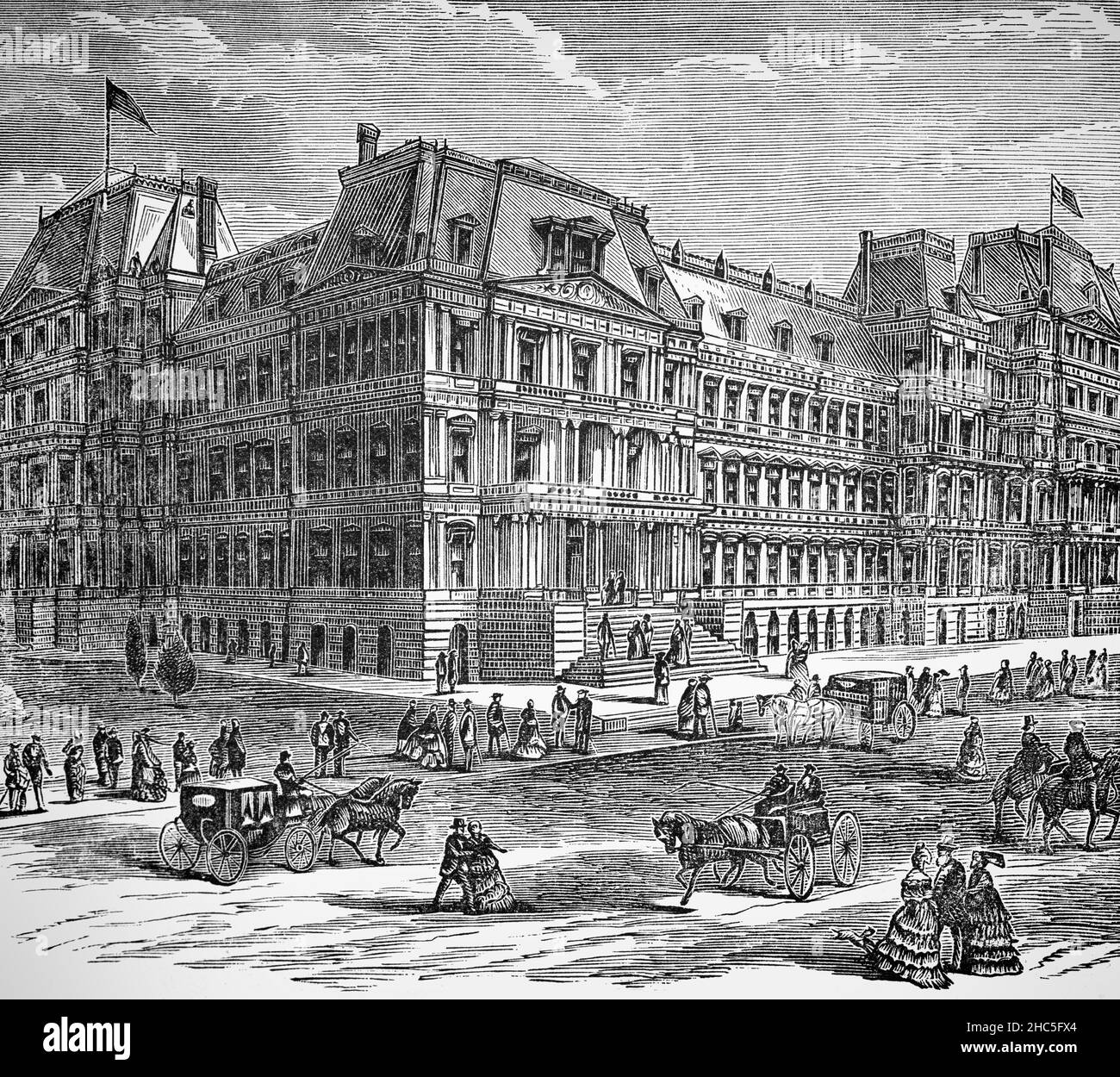 Illustration de la fin du siècle 19th de l'immeuble Eisenhower Executive Office construit entre 1871 et 1888 dans le style du second Empire français.Anciennement connu sous le nom de l'ancien bâtiment de bureau exécutif et même plus tôt comme l'État, la guerre, et le bâtiment de la marine, le gouvernement des États-Unis situé juste à l'ouest de la Maison Blanche dans la capitale américaine de Washington, D.C. Banque D'Images