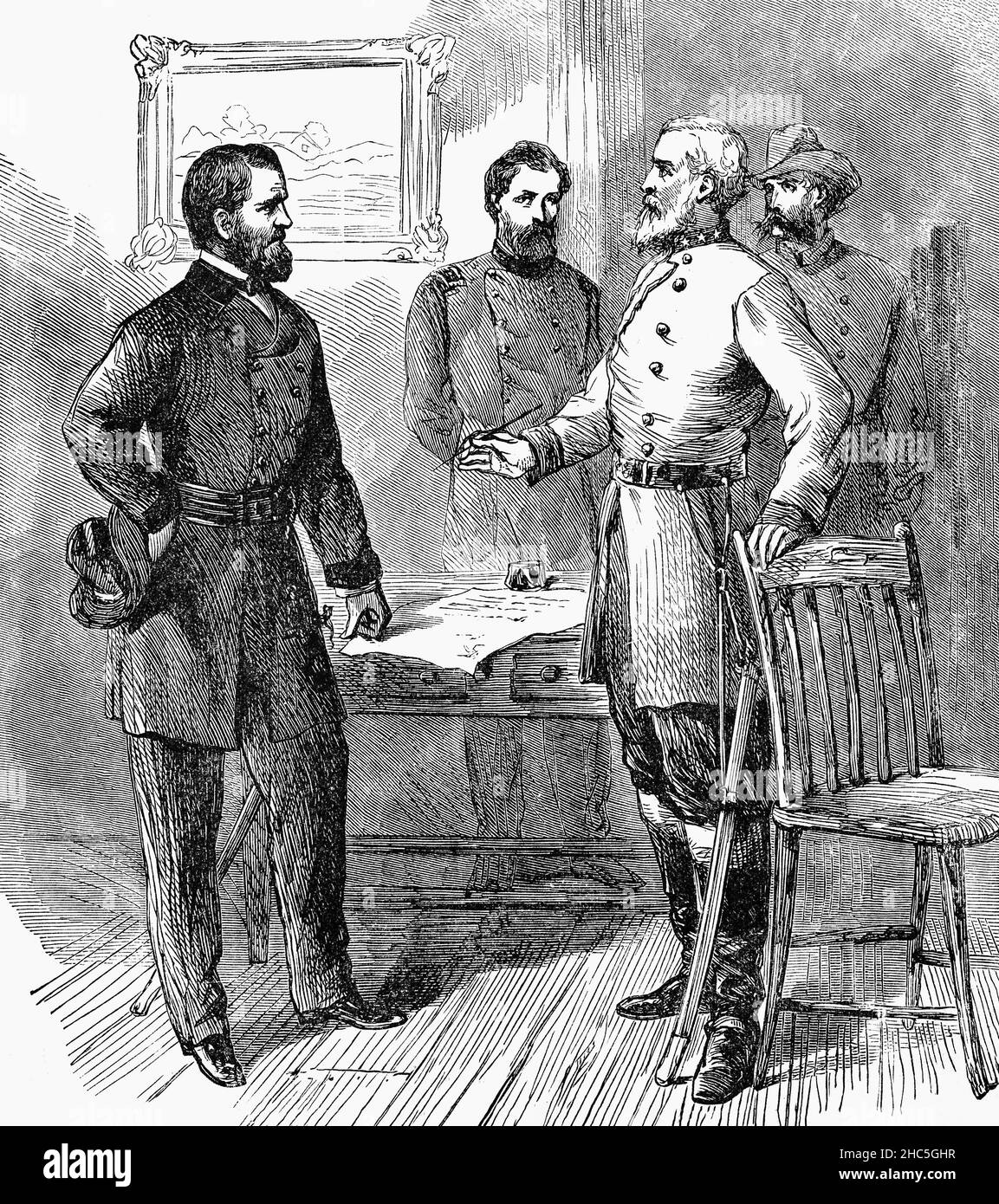 Illustration de la reddition de l’armée de Virginie du Nord par le général Robert E. Lee au Lieutenant général Ulysses S. Grant, à la fin de la 9 guerre de Sécession, en Virginie, aux États-Unis, à la fin du 19th avril 1865 – souvent appelé la fin de la guerre de Sécession.La capitulation de Lee autour de la plus grande armée du Sud n’a toutefois fait aucun signe d’espoir quant à la victoire des Confédérés.La décision de rencontrer Grant et de chercher des termes était douloureuse pour Lee Myung-bak, mais le moment était venu de se rendre compte de la résistance supplémentaire de sa part était futile et ne ferait que perdre des vies inutiles. Banque D'Images