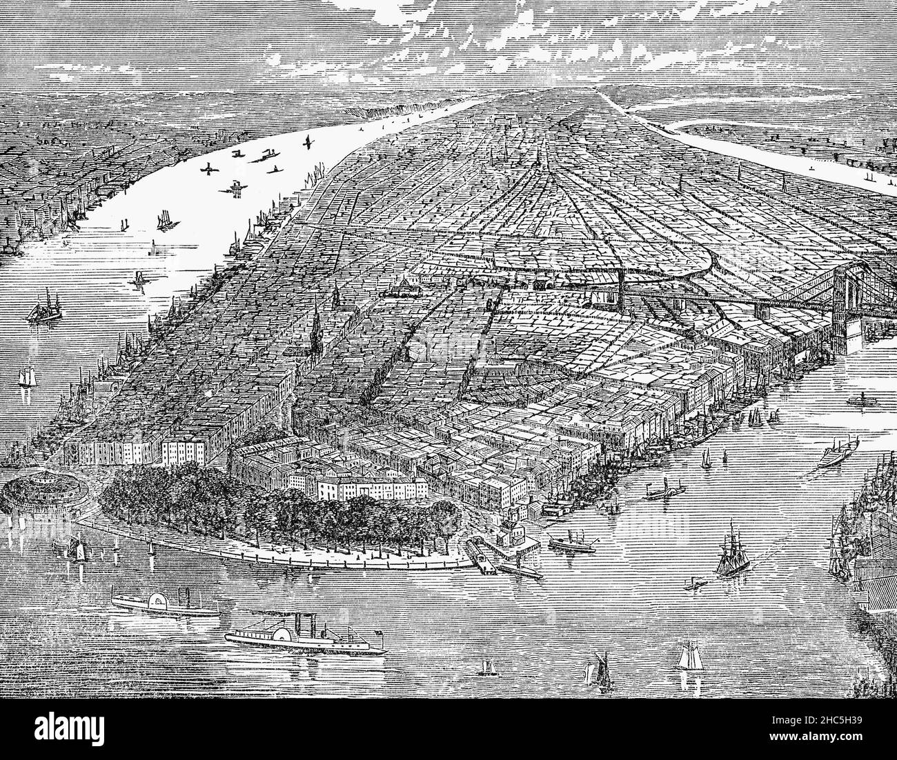 Illustration aérienne de l'île de Manhattan et de la ville de New York datant de la fin du siècle 19th.Au cours du XIXe siècle, la population de la ville de New York est passée de 60 000 à 3,43 millions et a été transformée par le développement commercial et résidentiel lié à son statut de centre commercial national et international, ainsi que par l'immigration européenne, respectivement.La ville a adopté le plan des commissaires de 1811, qui a élargi le réseau urbain pour englober presque tout Manhattan. Banque D'Images