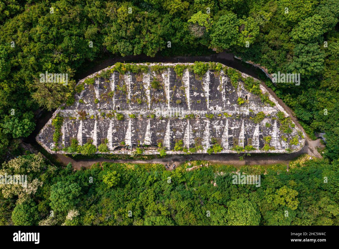Vue aérienne sur le château historique en ruines et le fort de guerre. Banque D'Images