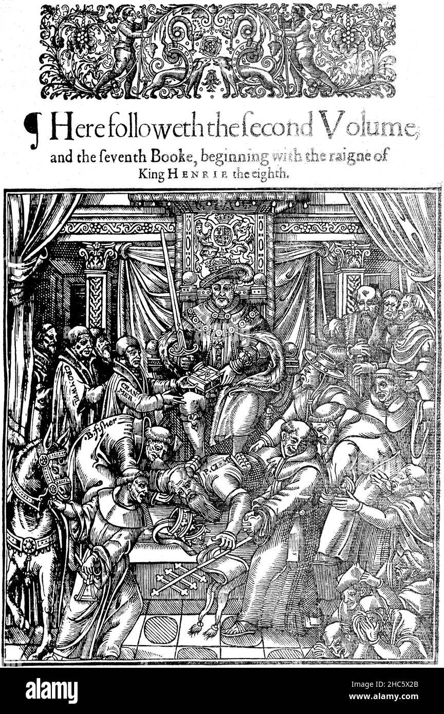 Une illustration montrant un roi Henri VIII assis avec ses pieds sur un pape Clément VII à genoux Banque D'Images