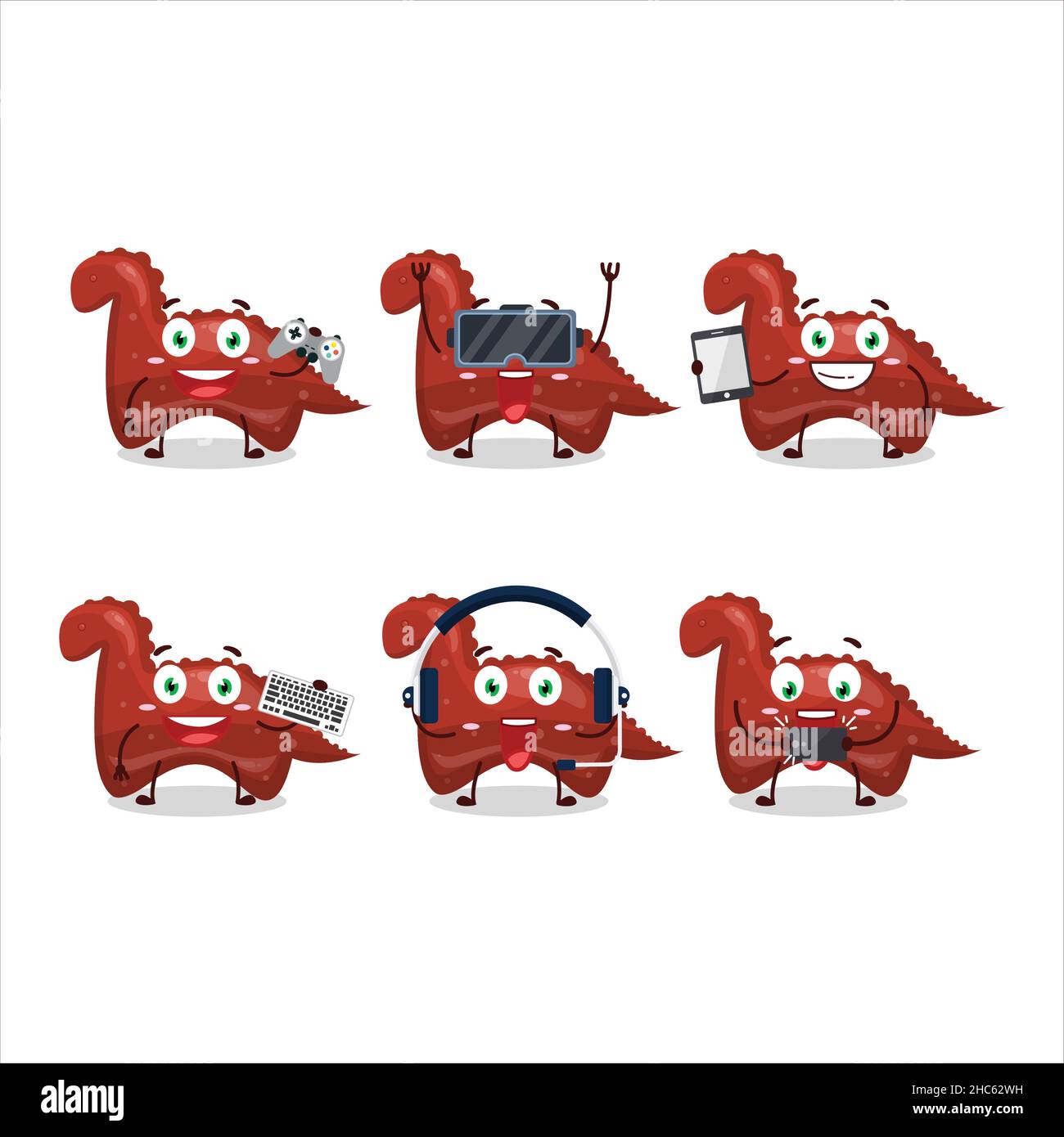 Red Dinosaur gommous bonbon personnage de dessin animé jouent à des jeux avec divers émoticônes mignons.Illustration vectorielle Illustration de Vecteur