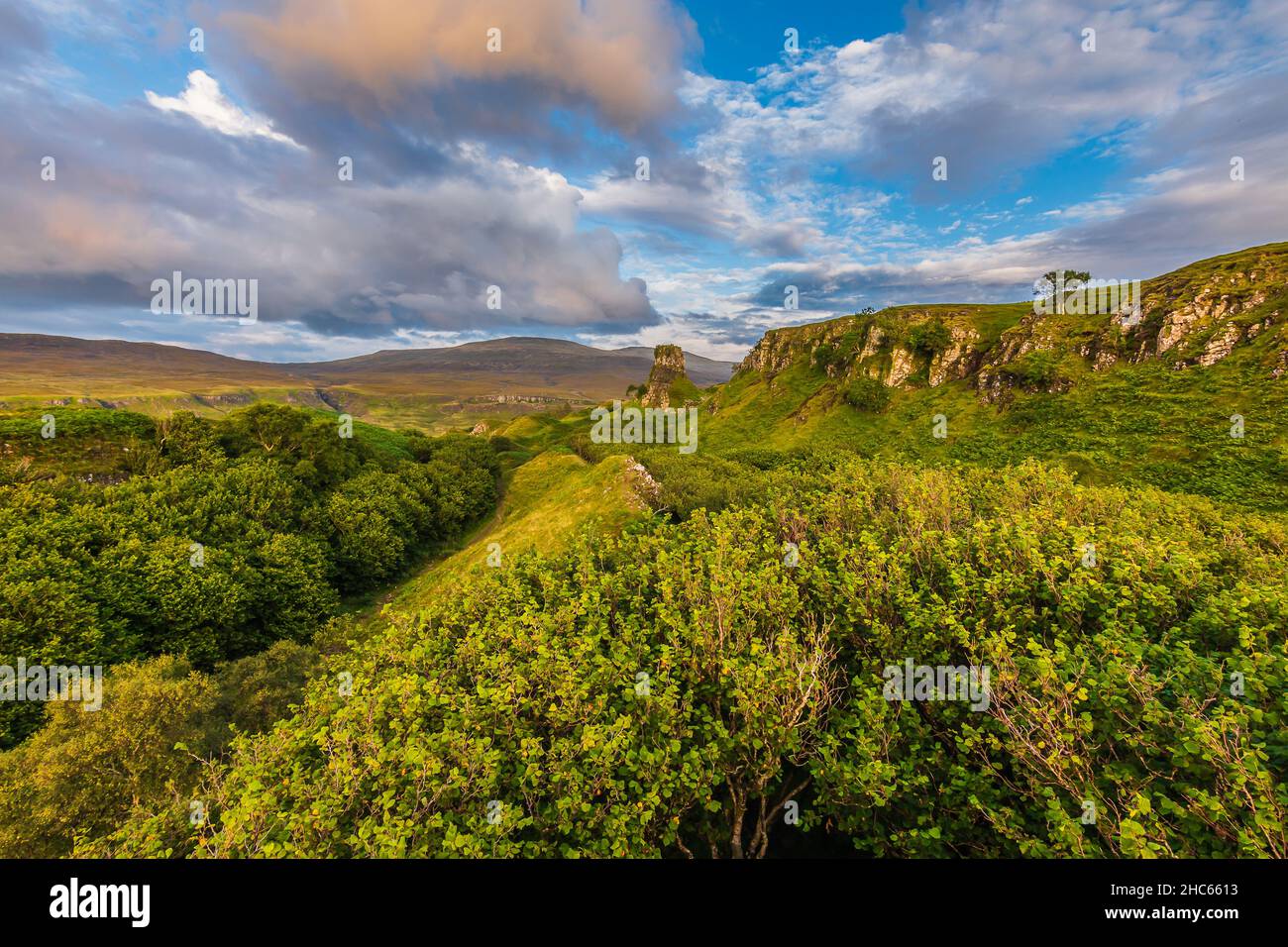 Paysage sur l'île de Skye d'Écosse.Soleil en été avec des prairies verdoyantes, des collines, des buissons et des arbustes.Single rock spire grom Castle Ewen dans le Banque D'Images