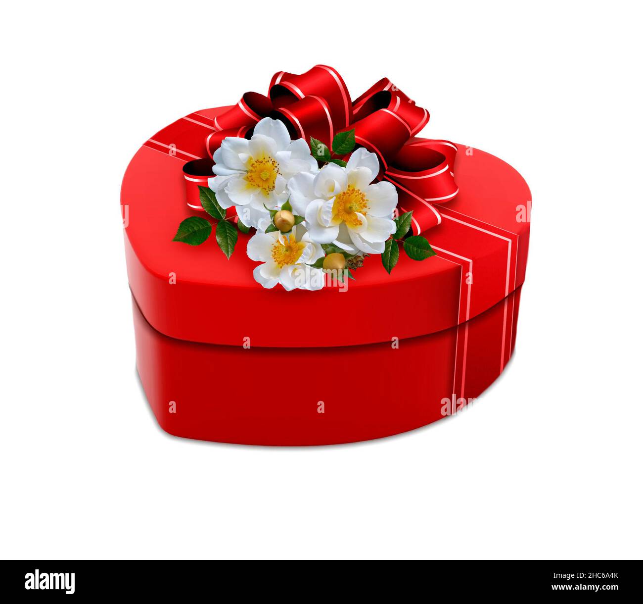 Boîte cadeau avec fleurs isolées sur fond blanc Banque D'Images