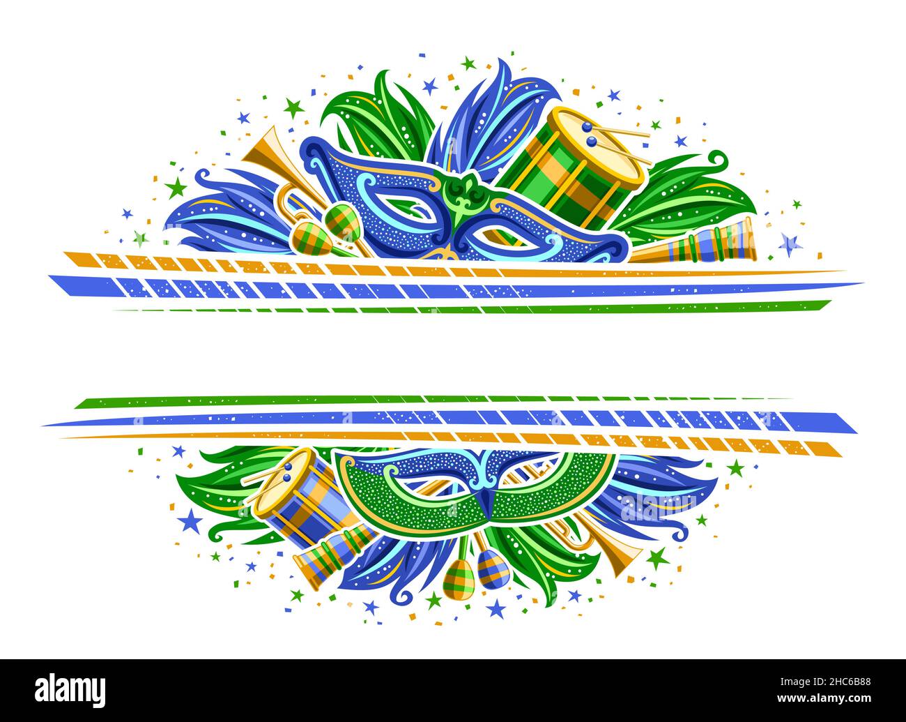 Vector Border for Brazil Carnaval avec espace de copie, invitation horizontale avec illustration de symboles de carnaval, instruments de musique, bleu et vert de Illustration de Vecteur