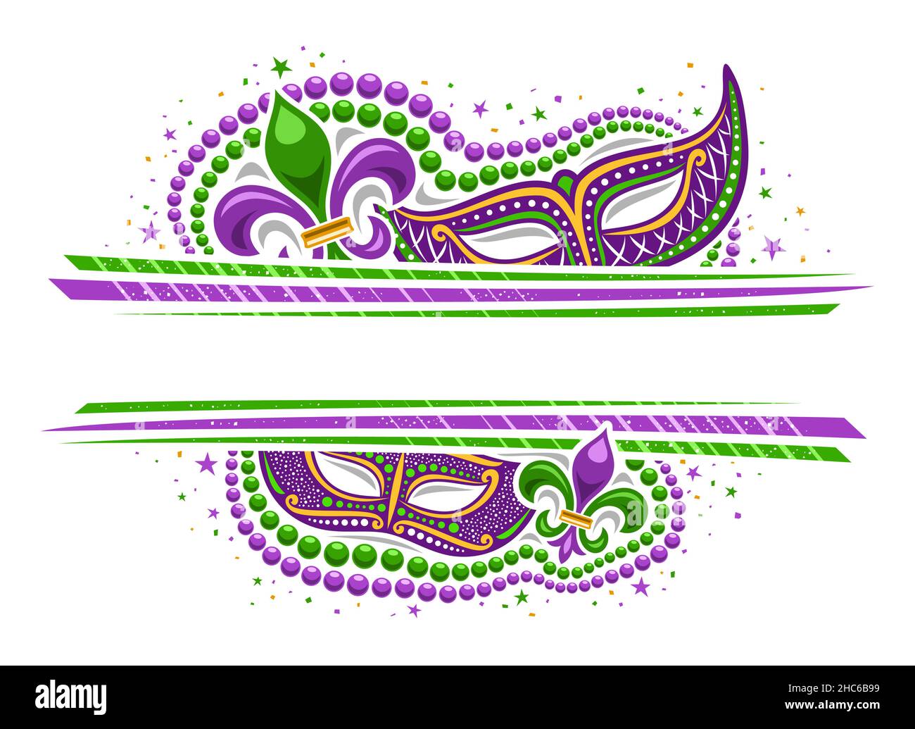 Vector Mardi gras Border avec copyspace, modèle horizontal avec illustration des symboles mardi gras violets, étoiles colorées et rayures décoratives pour Illustration de Vecteur