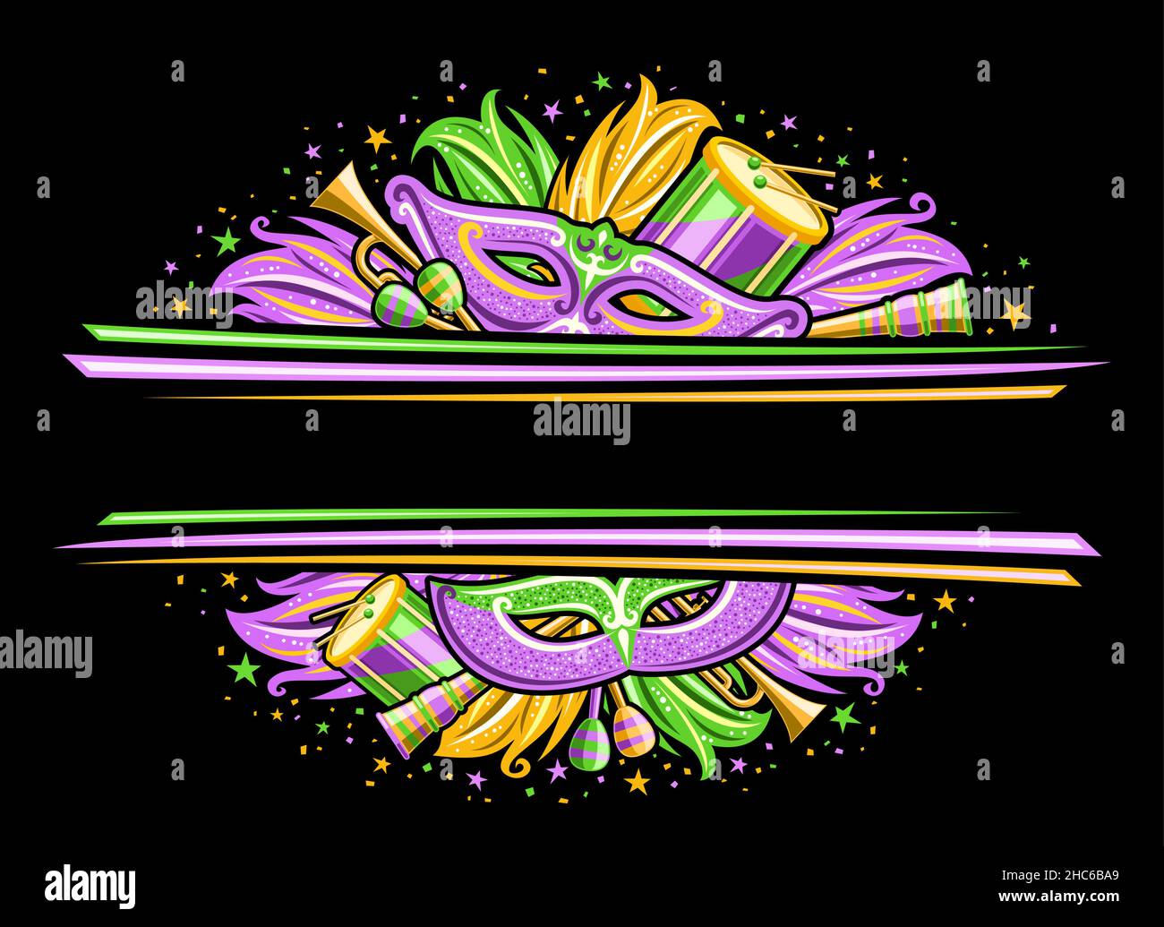 Bordure vectorielle pour le carnaval de Mardi gras avec espace de copie, invitation horizontale avec illustration des symboles de la marine, des instruments de musique, violet et gr Illustration de Vecteur