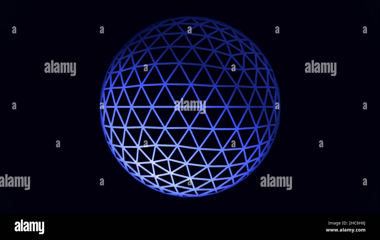 Animation sphérique blanche et bleue sur fond noir, boucle transparente.Boule transparente en rotation formée de triangles néon sur fond noir Banque D'Images