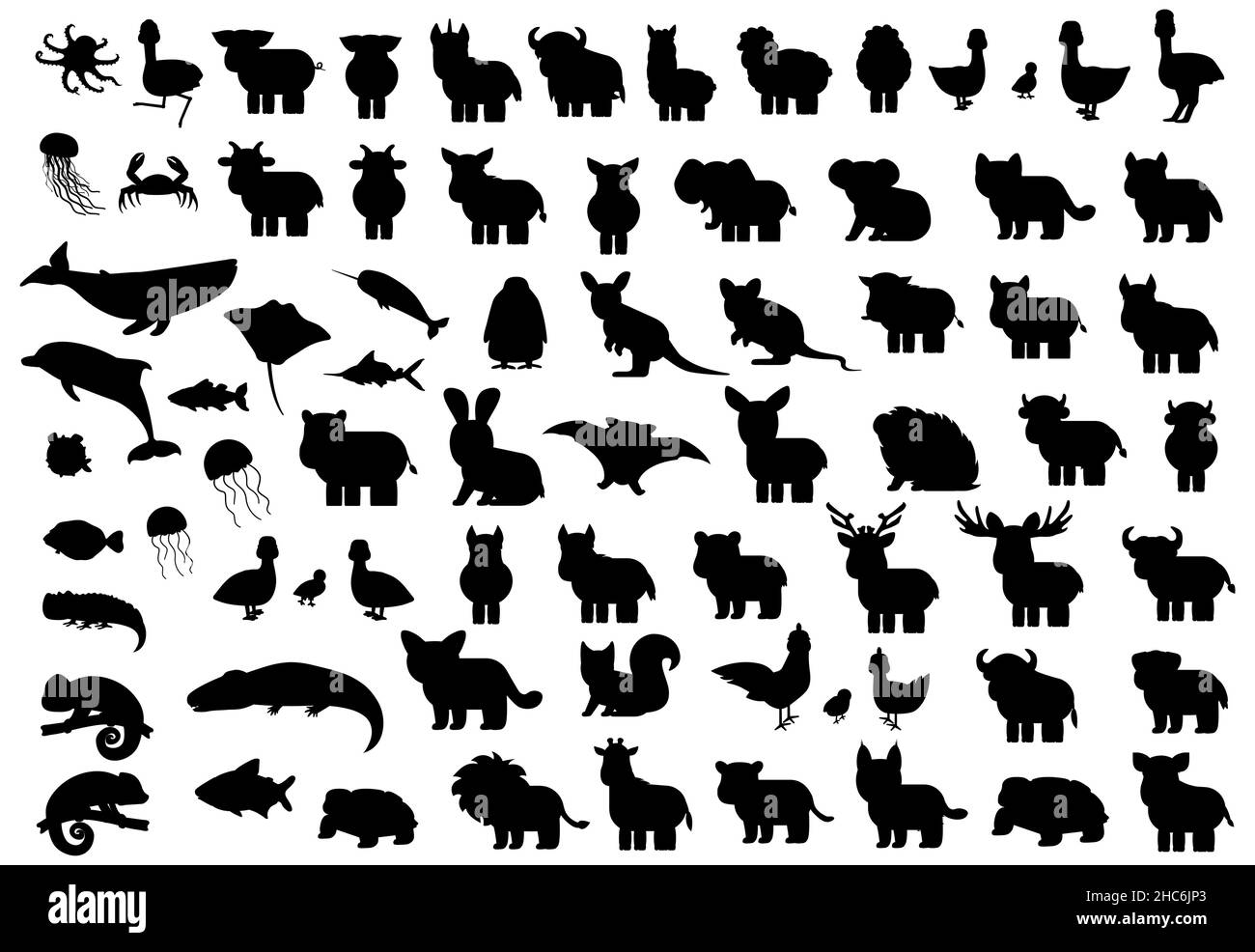Ensemble de silhouette d'animaux grand format.Vecteur éléphant chauve-souris singe lion tigre girafe hippopotame rhinocéros ours baleine pingouin autruche sanglier crocodile chien crabe Illustration de Vecteur