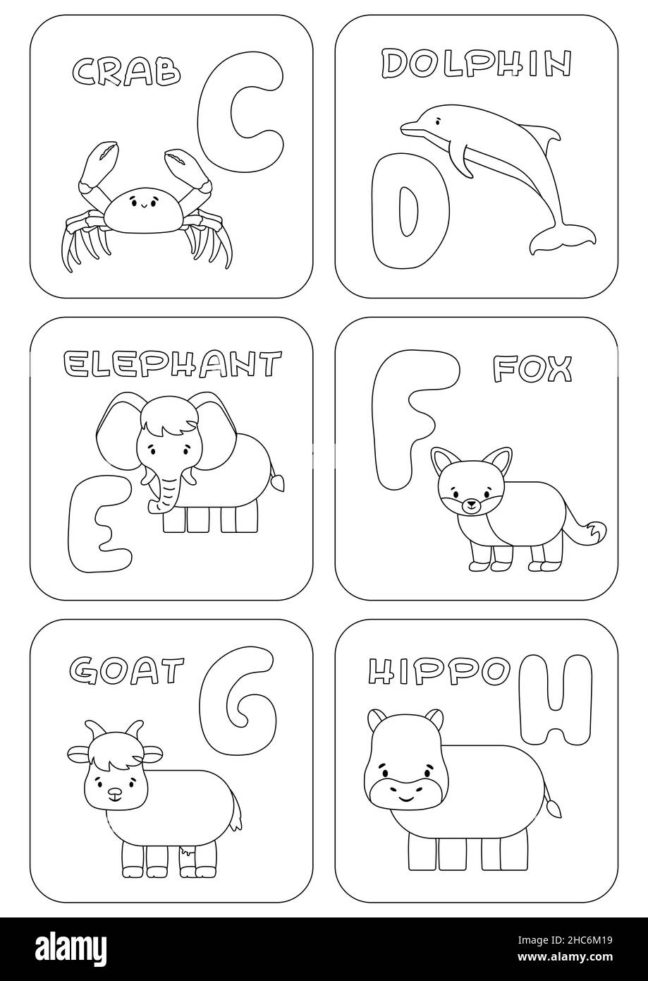 Jeu d'enfants de famille avec alphabet C-H anglais.Colorier des pages avec des animaux et des lettres qui peuvent être utilisés pour l'apprentissage, l'éducation détendre, jeux enfantiles.Vecteur Illustration de Vecteur