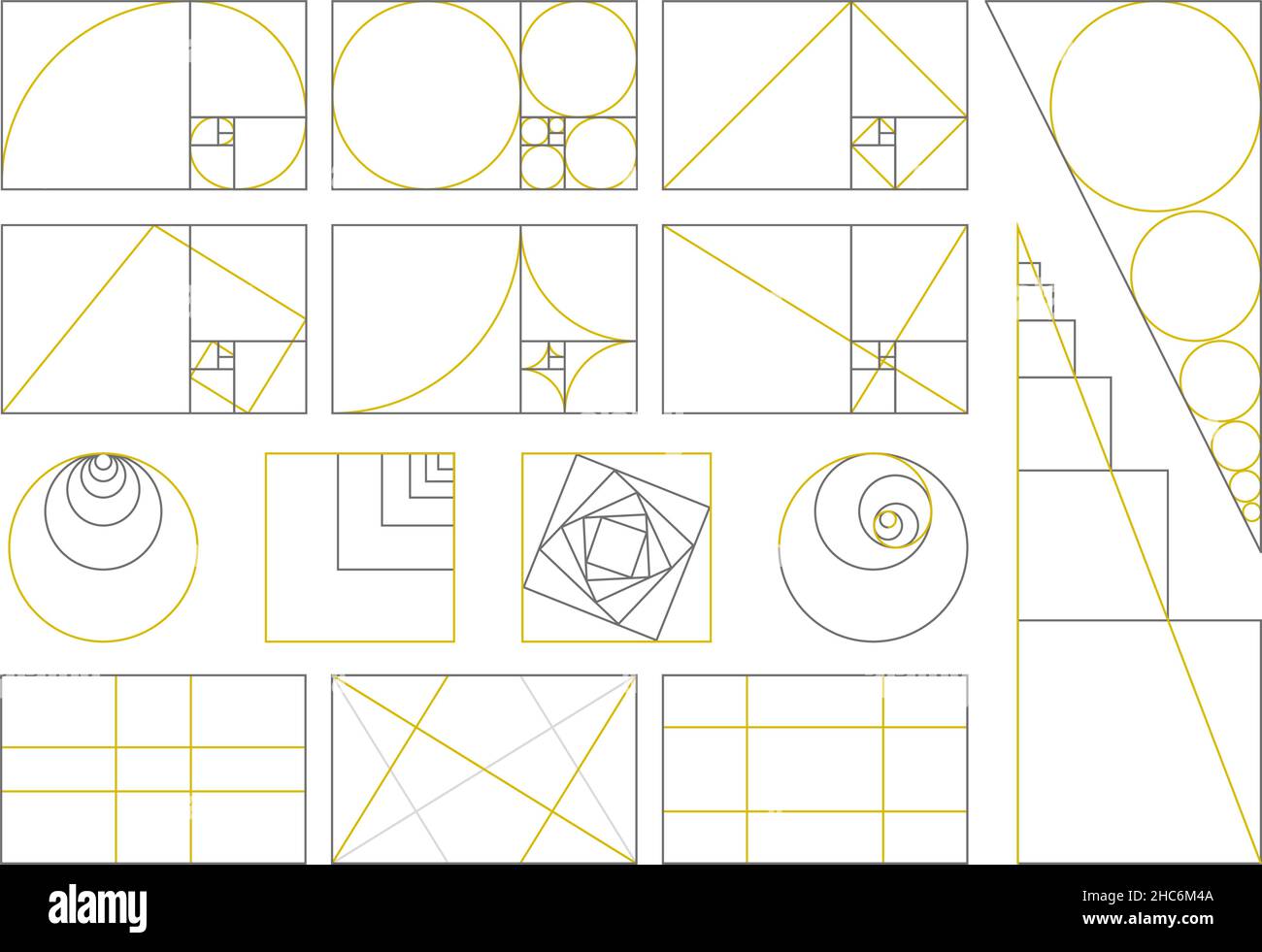 Golden ratio, proportions divines, Golden fibonacci nombres en spirale.Ensemble d'illustrations vectorielles Golden proportion fibonacci.Géométrie sacrée Illustration de Vecteur
