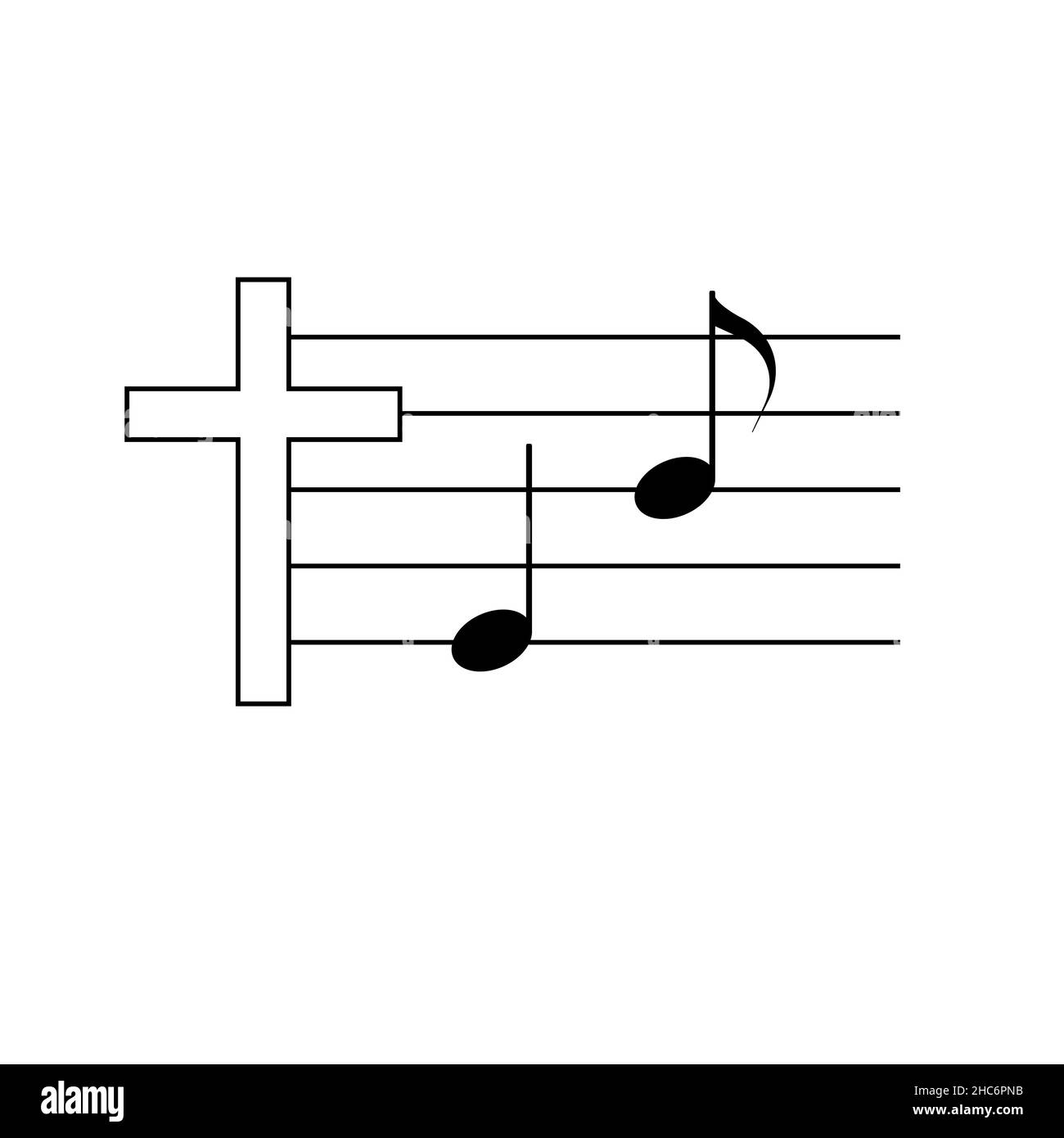 Événement musical chrétien, concert.Notes de croix et de musique.Illustration isolée plate, arrière-plan biblique. Banque D'Images