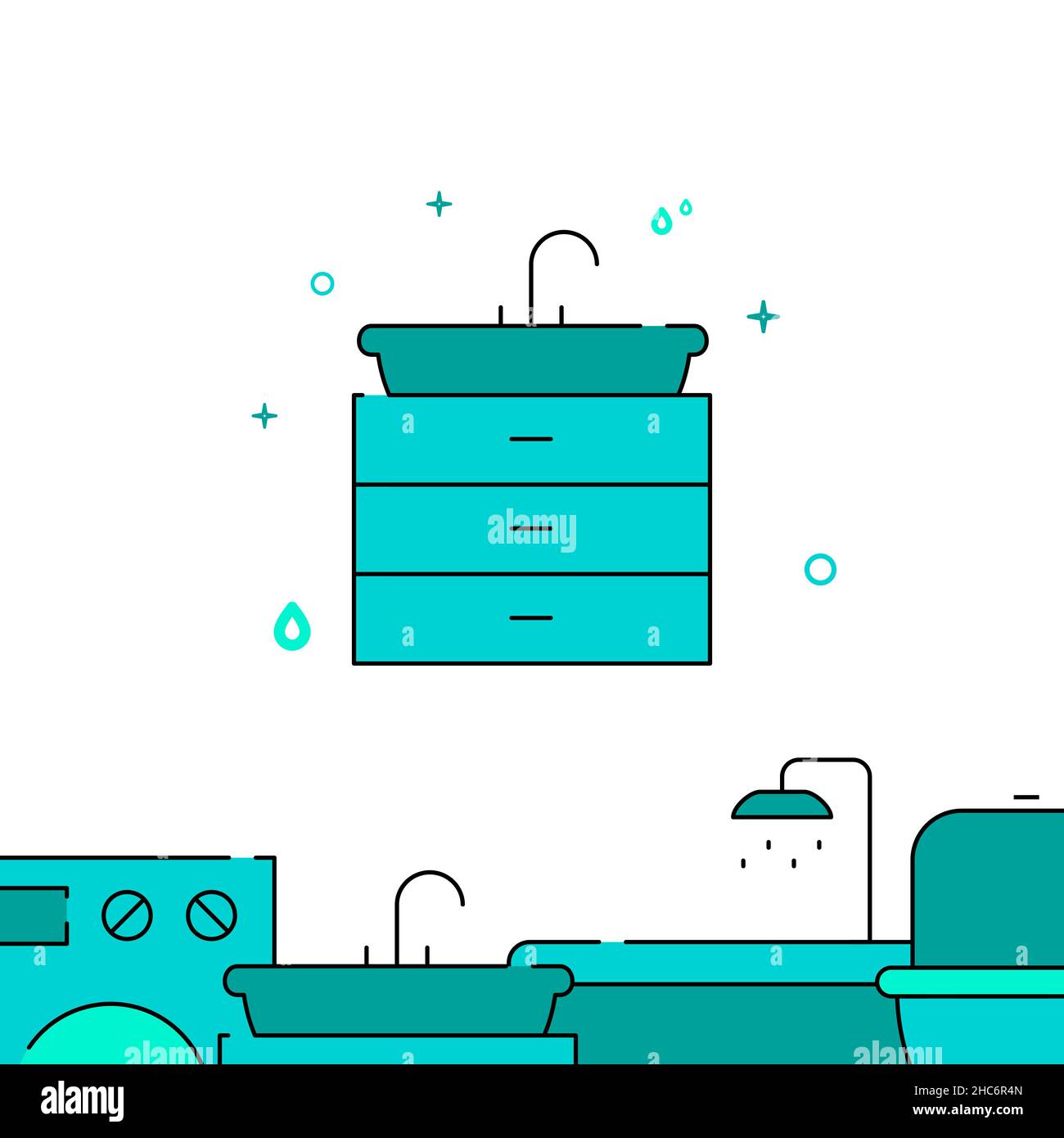 Évier avec une icône de ligne remplie de table de chevet, illustration simple, bordure inférieure de plomberie. Banque D'Images