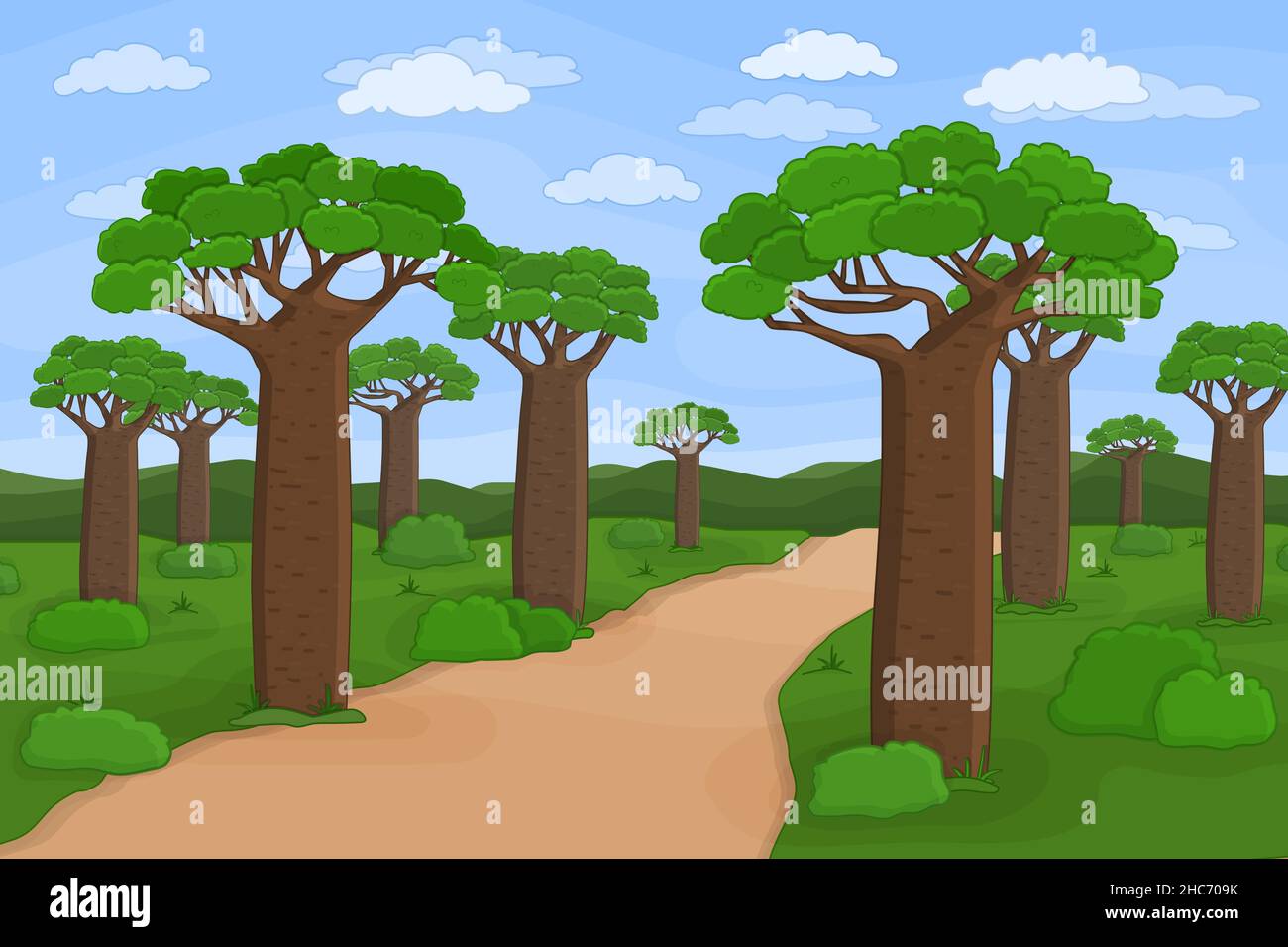 Vector Outline African Madagascar baobab Street.Dessin animé Doodle dessin main paysage illustration des arbres, ciel, route, plantes africaines, buissons,nuages, Illustration de Vecteur