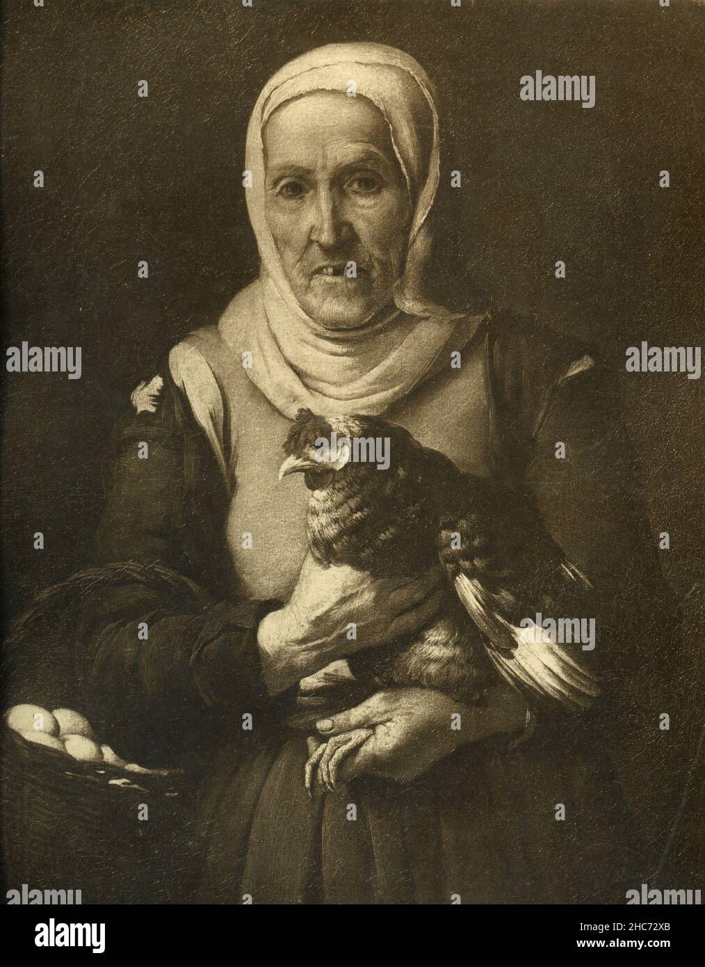 Vieille femme assise avec une poule et un panier d'œufs, peinture de l'artiste espagnol Jusepe de Ribera AKA Spagnoletto, Munich 1897 Banque D'Images