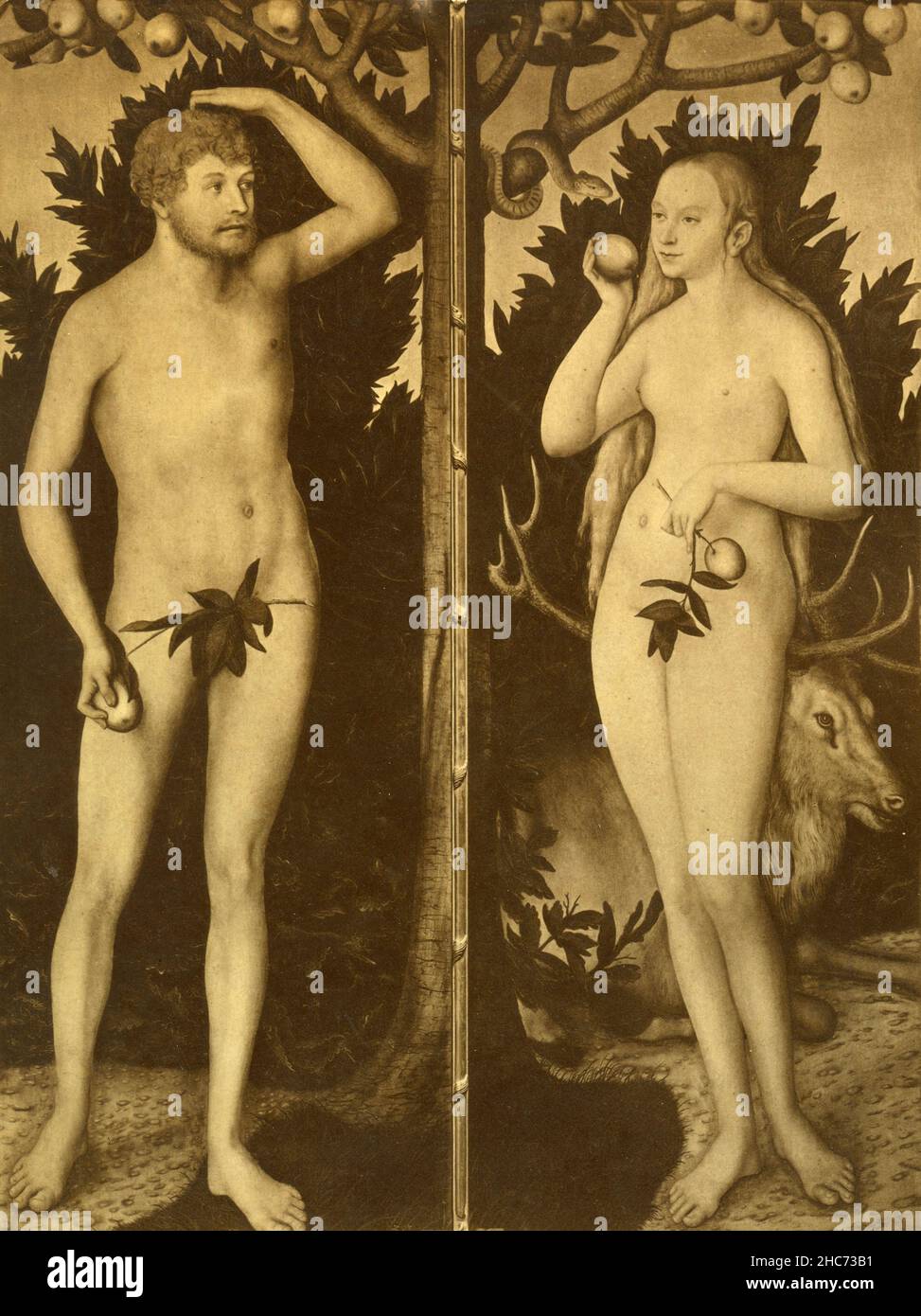 Adam et Eve, peinture de l'artiste allemand Lucas Cranach, Munich 1897 Banque D'Images