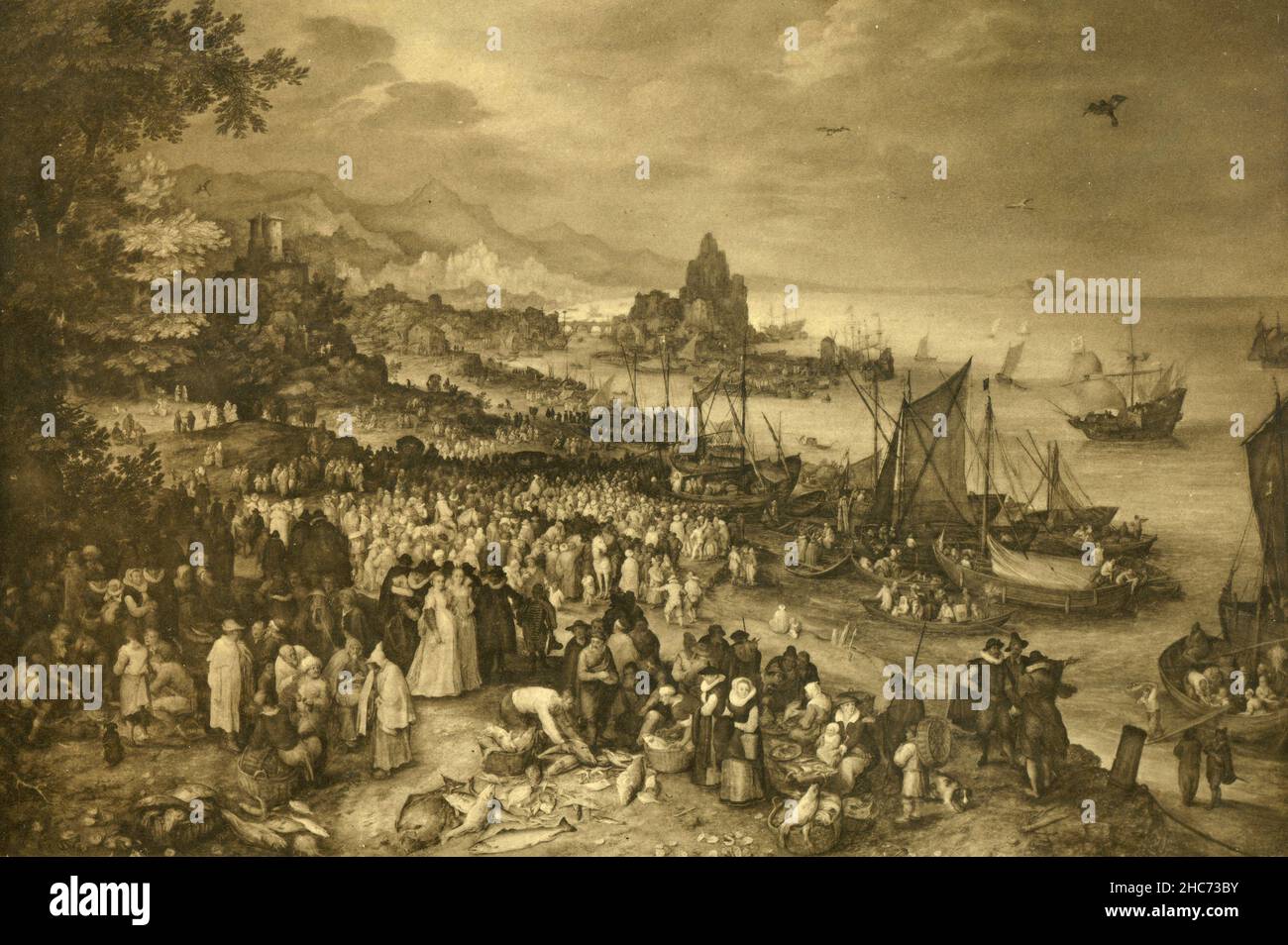 Vue sur un port maritime, peinture de l'artiste flamand Jan Brueghel The Elder, Munich 1897 Banque D'Images