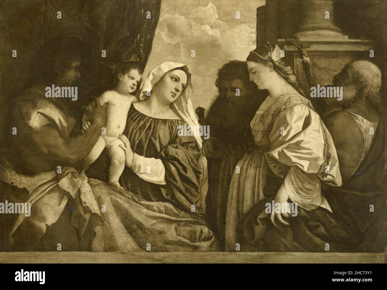 La Vierge Marie avec l'enfant et les quatre Saints, peinture de l'artiste italien Tiziano Vecellio, Munich 1897 Banque D'Images