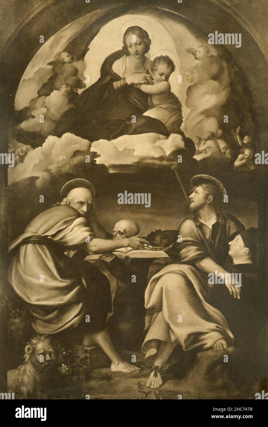 Madonna avec Baby Jesus et Saint Hieronymus et Jacobus, peinture de l'artiste italien Antonio Allegri AKA Correggio School, Munich 1897 Banque D'Images
