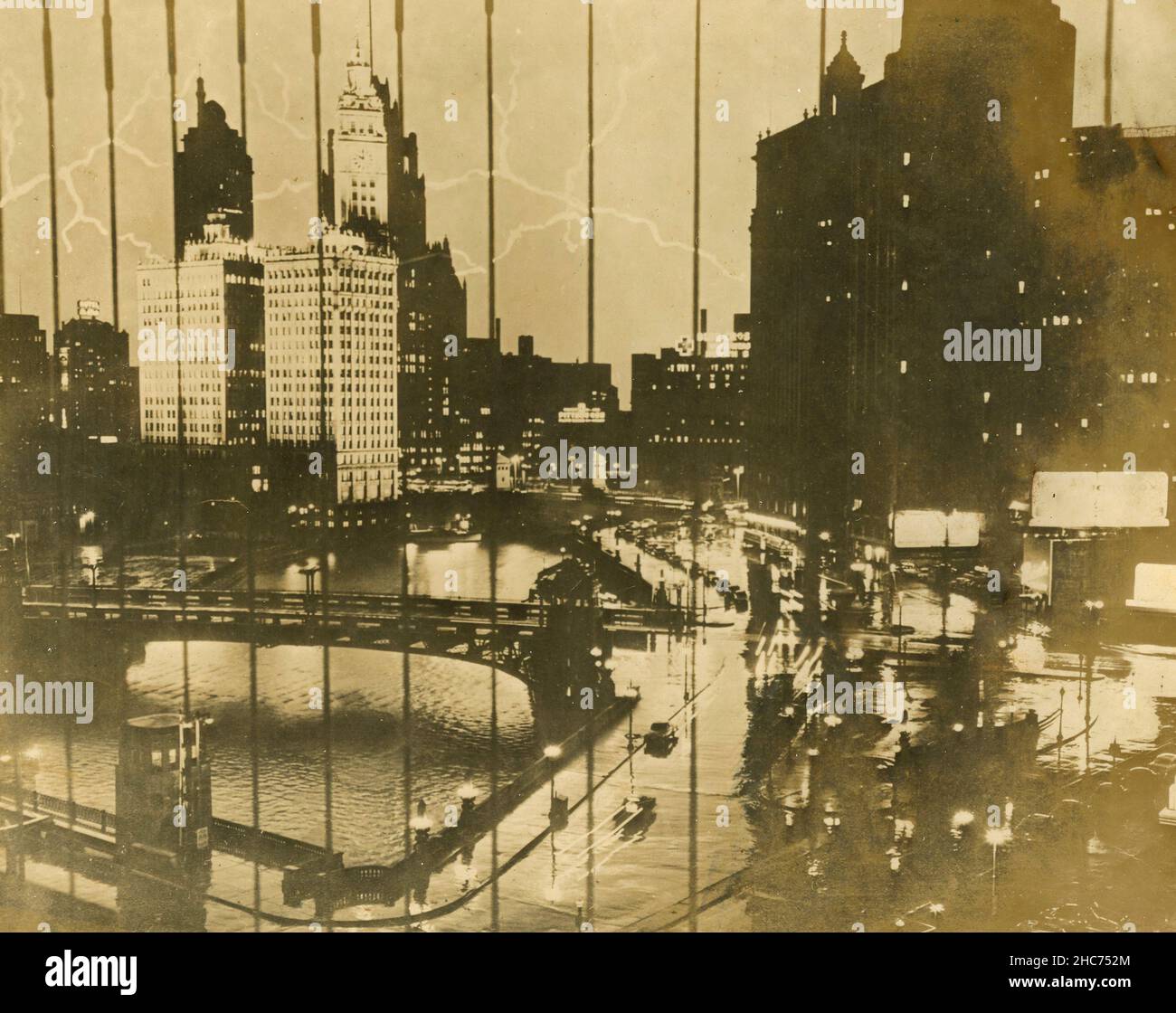 Vue de Chicago sous une tempête de verglas, USA 1950s Banque D'Images