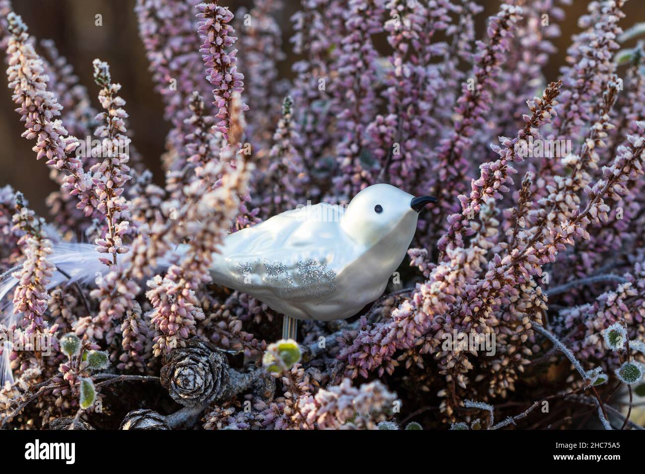 Décorations d'arbre de Noël oiseau en verre avec fleur de bruyère Banque D'Images