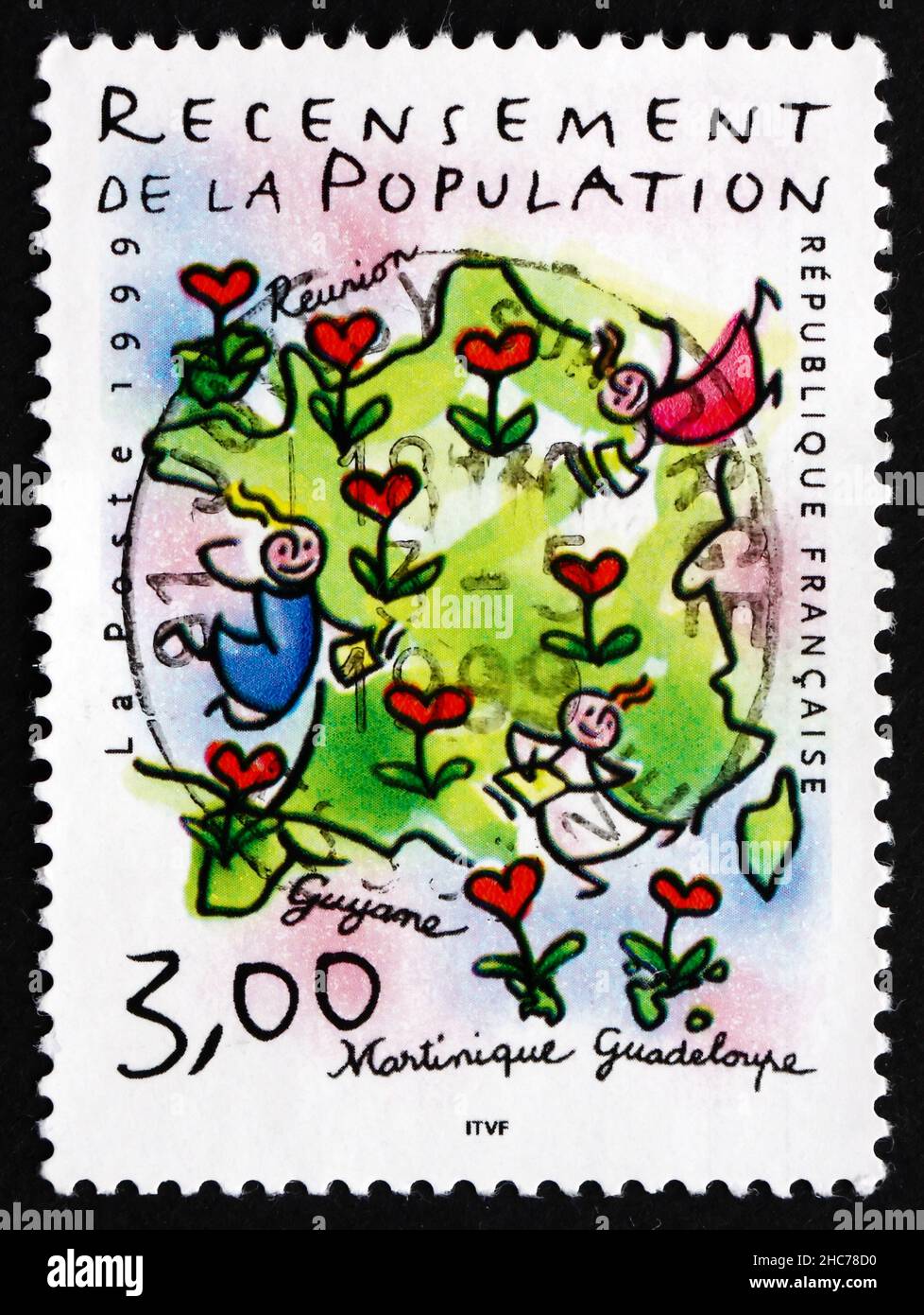 FRANCE - VERS 1999 : un timbre imprimé en France montre la carte de France, Recensement national, vers 1999 Banque D'Images