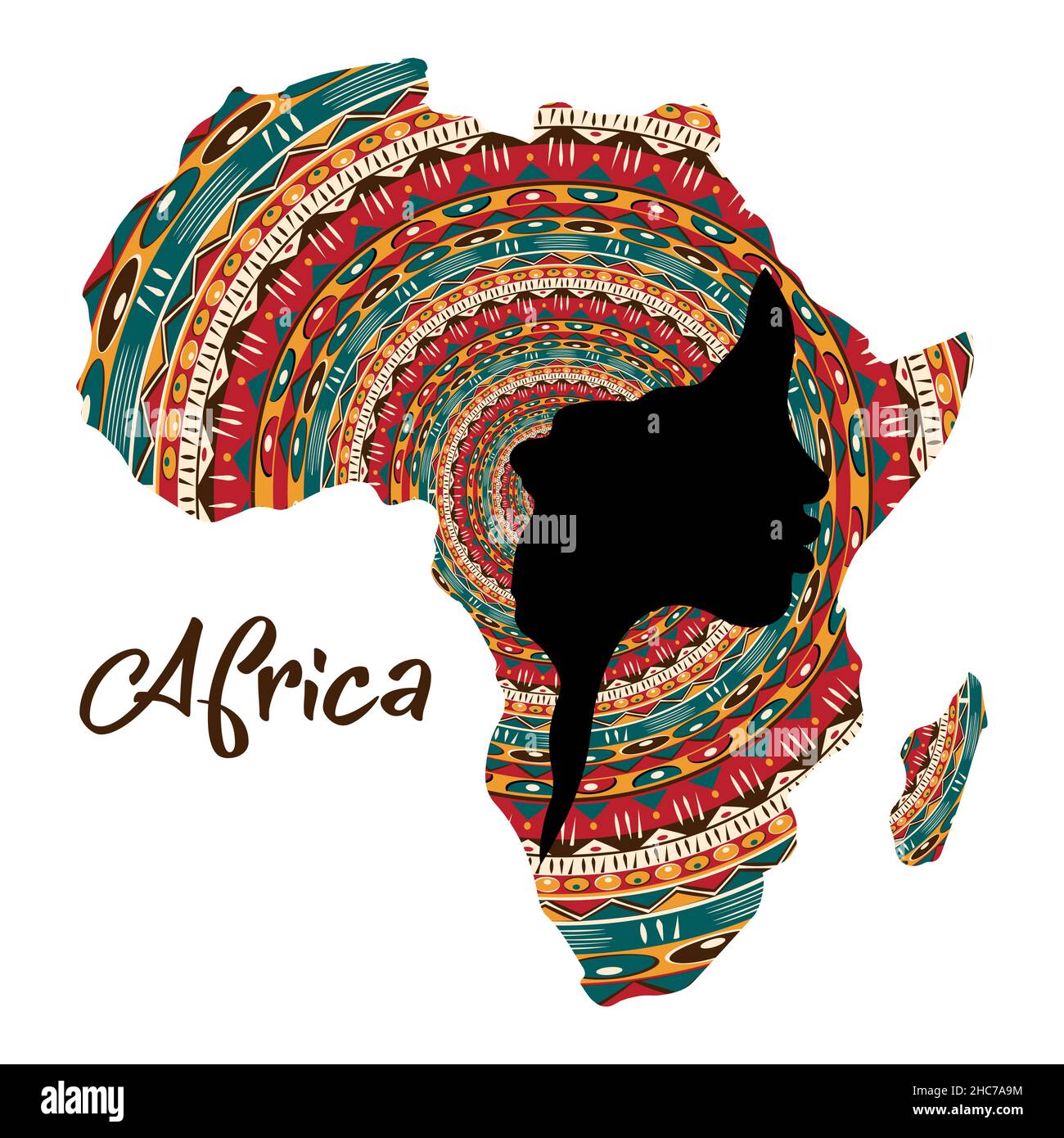 Concept de femme africaine, silhouette de visage avec turban en forme de carte de l'Afrique.Modèle de conception de logo tribal à imprimé afro coloré.Vecteur Illustration de Vecteur